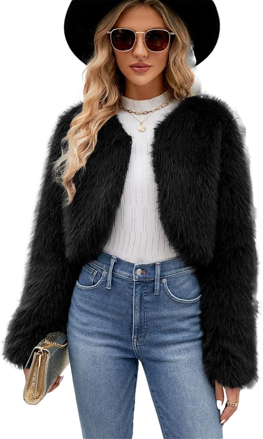 Women`s Luxury Fluffy Faux Fur Short Coat Winter Warm Cropped Jacket Cardigan