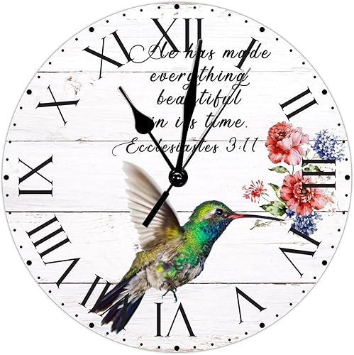 Miniatura 100 de ArogGeld He Made Everything Beautiful - Reloj de pared de PVC con flores rosadas, colibrí, reloj de pared grande con cita y números romanos, reloj