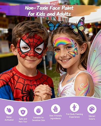 Miniatura 4 de Kit de pintura facial para niños, kit de pintura facial activada por agua, paleta de maquillaje profesional no tóxica con plantillas, gemas,