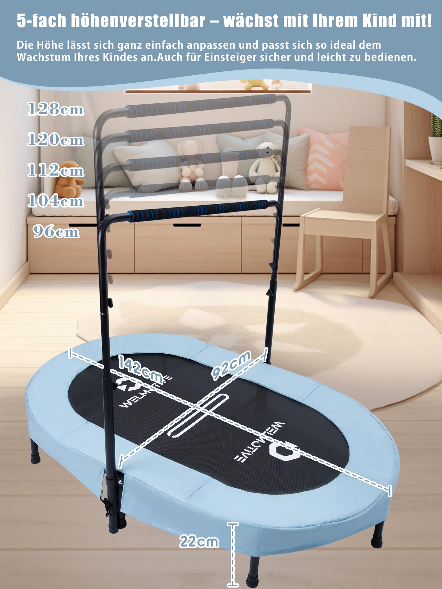 Ovales Indoor Trampolin für 2 Personen geräuscharm belastbar bis 150kg Ideal für Kinder & Erwachsene Fitness Muskelaufbau Gewichtskontrolle Sicher mit 40 Federn Geschenkidee
