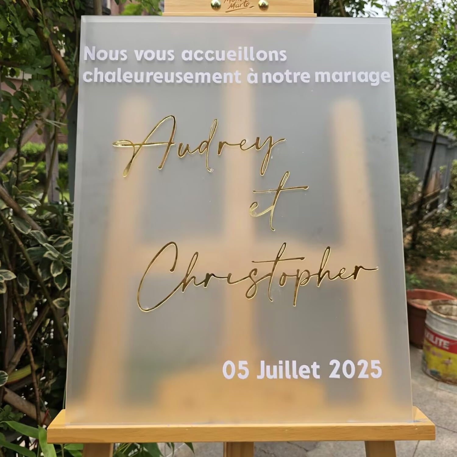 Panneau De Bienvenue De Mariage Personnalisé en Acrylique Givré, Noms en Miroir Doré 3D, Décoration De Signalisation De Mariage Moderne De Fiançailles, Décoration De Réception(White,40X55CM)