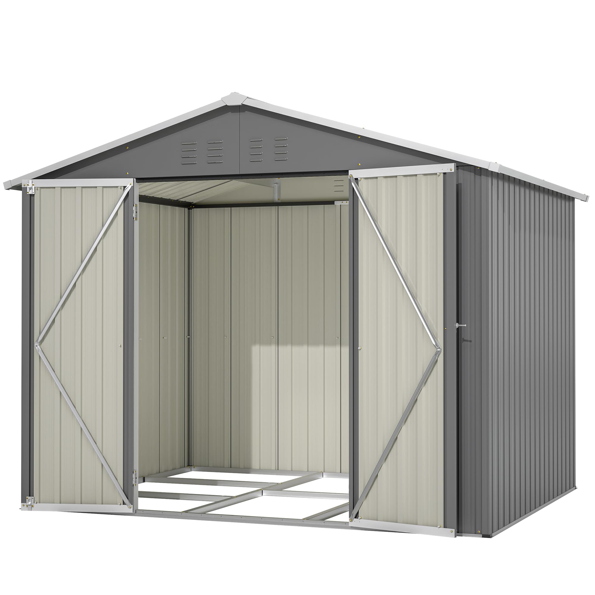 Metall Gerätehaus Gerätehaus mit Pultdach,Gartenhaus Geräteschuppen Garten Schuppen Inkl. Metallfundament (ohne Boden), Geräteschrank für Garten (Grau, L)