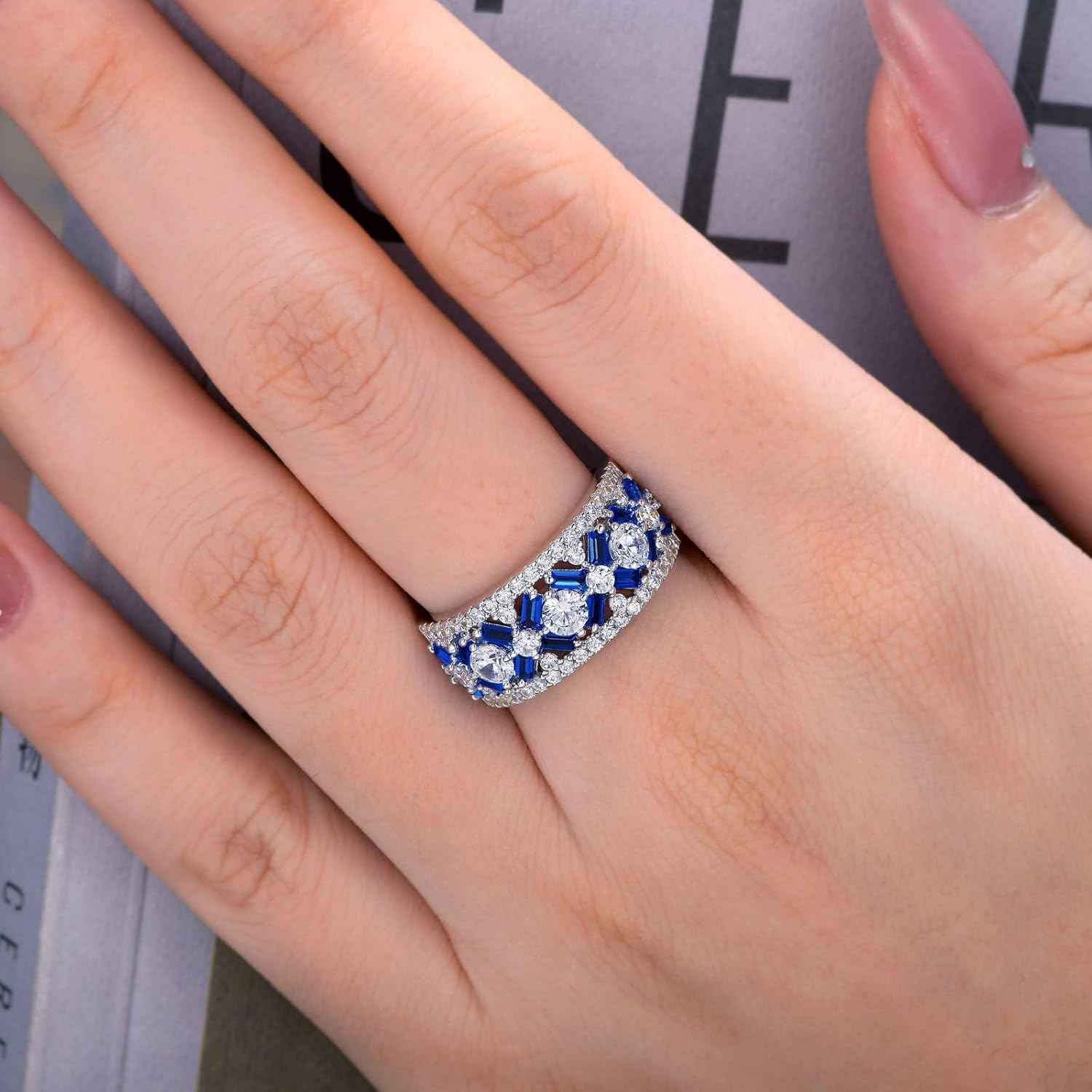 SHELOVES White CZ and Blue Created Sapphire Wide Wedding Bands for Women Elegant White Gold Baguette Rings 5-10