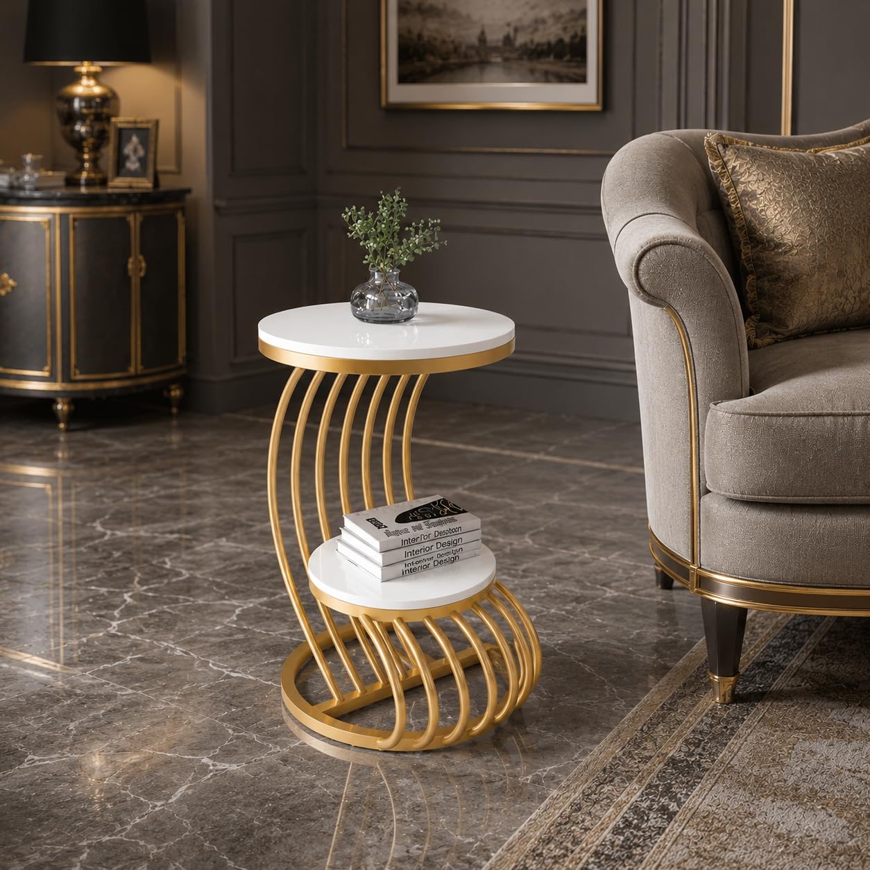 RESHUZ Small Round Table Engineering Wood Iron Side Table Living Room Corner Table Bedside Table, (Golden & White)-image-3