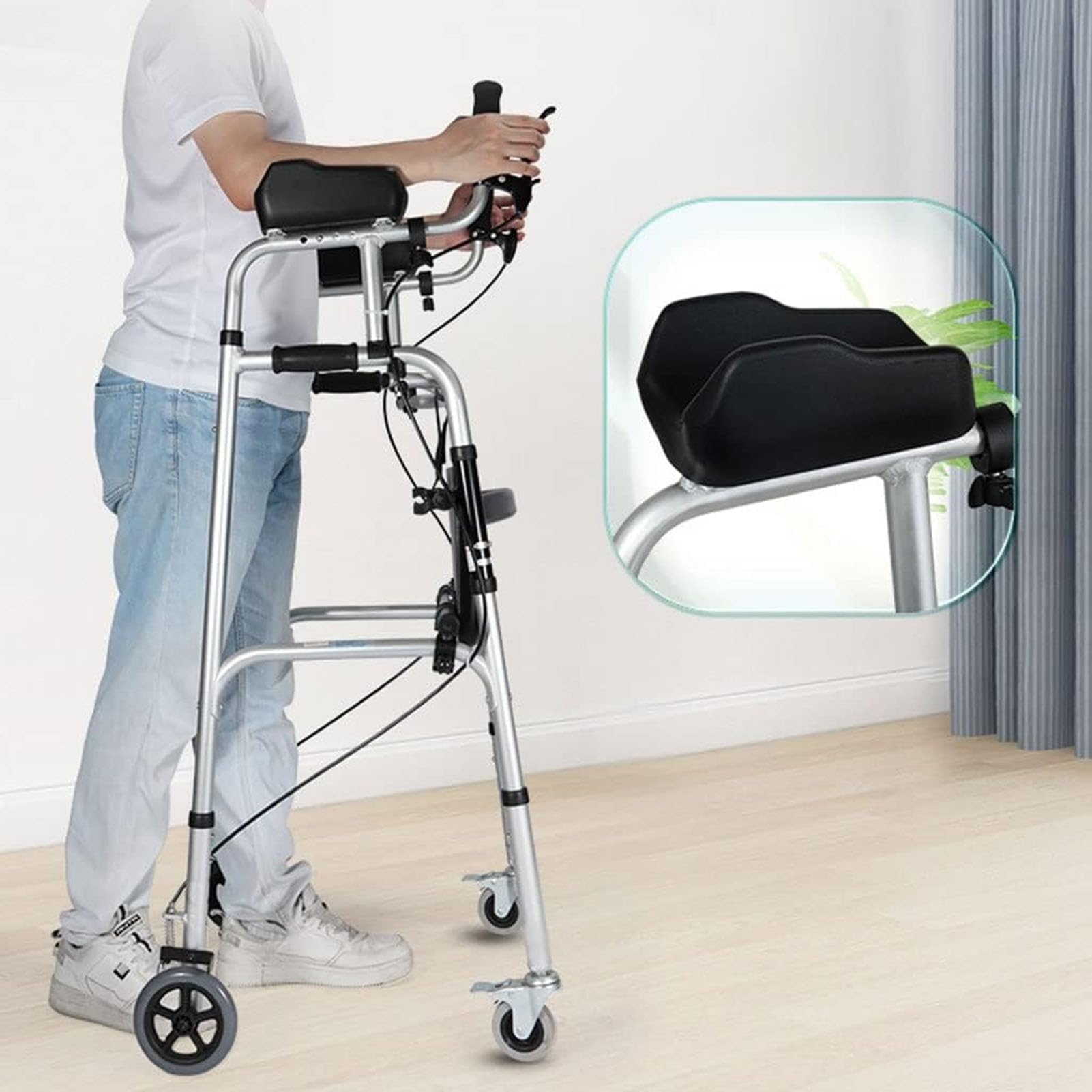LoJax Andadores para Personas Mayores, Andador Estándar Plegable con 4 Ruedas Y Reposabrazos Extraíbles, Andador Auxiliar De Rehabilitación De Aleación De Aluminio