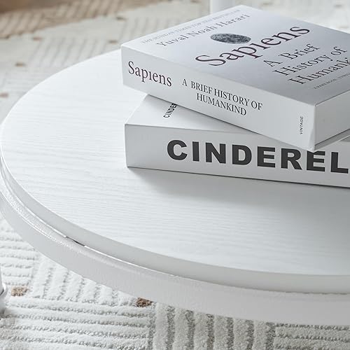 Miniatura 5 de VINGLI Mesa auxiliar redonda de 25.6 pulgadas, color blanco roble rústico, mesa central de madera de almacenamiento de 2 niveles para sala de estar,