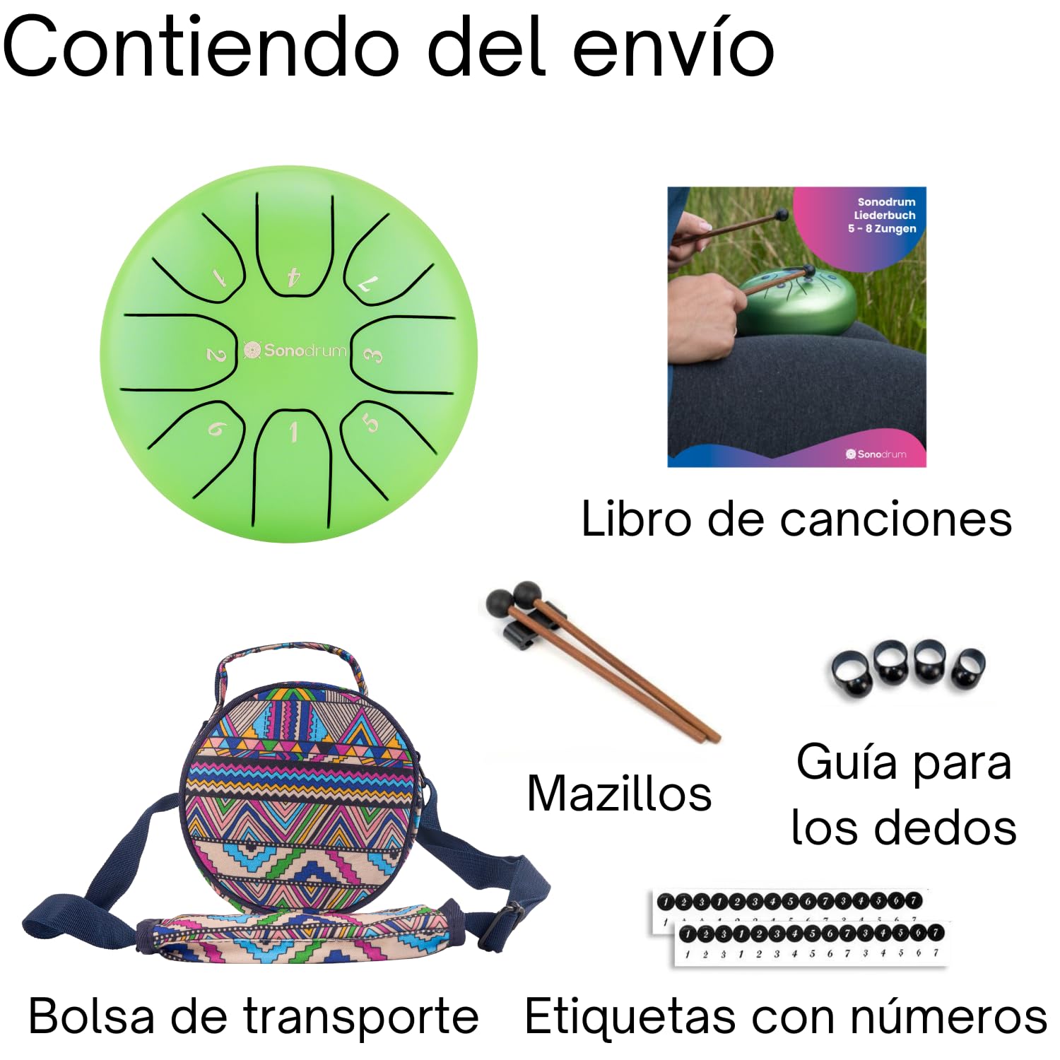 Tongue Drum “Standard C mayor” en verde - diámetro 14cm y 8 notas. Handpan con libro de música, bolsa y mallets. Instrumento de percusión Handpan para niños y adultos - Para meditación y yoga
