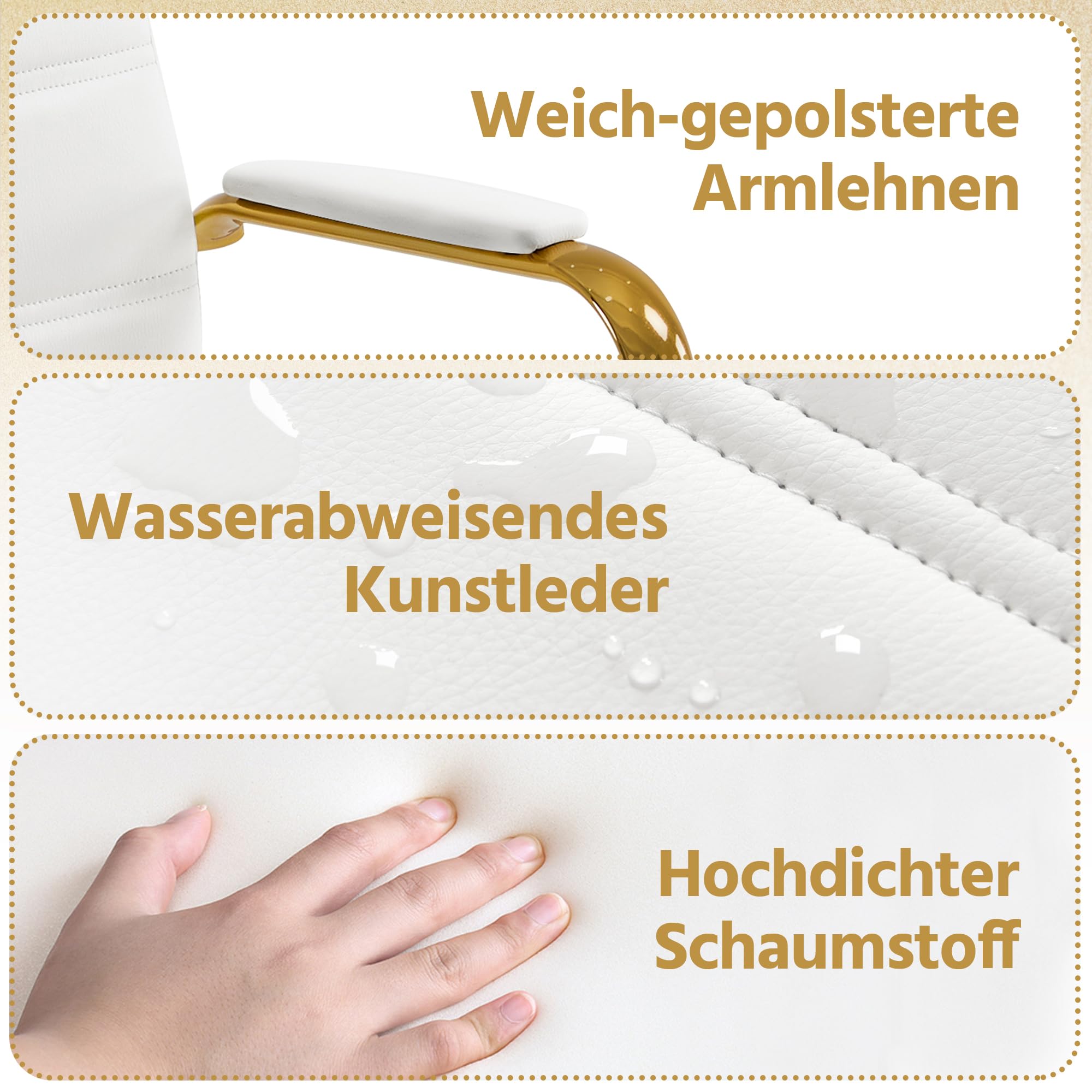 Yaheetech Schreitischstuhl Home-Office Stuhl mit Armlehnen Weiß/Golden | Ergonomisch Bürostuhl Drehstuhl mit Rollen Arbeitsstuhl mit Rückenlehne für Büro/ Arbeitszimmer
