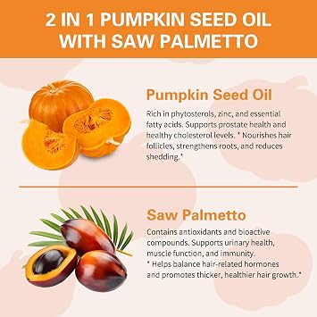 Pumpkin Seed Oil with Saw Palmetto Capsules, Essential Fatty Acids & Phytosterols, Pumpkin Seed Oil for Hair Growth, Urinary, Bladder & Prostate Health, Cold Pressed Pure Virgin, 300 Softgels