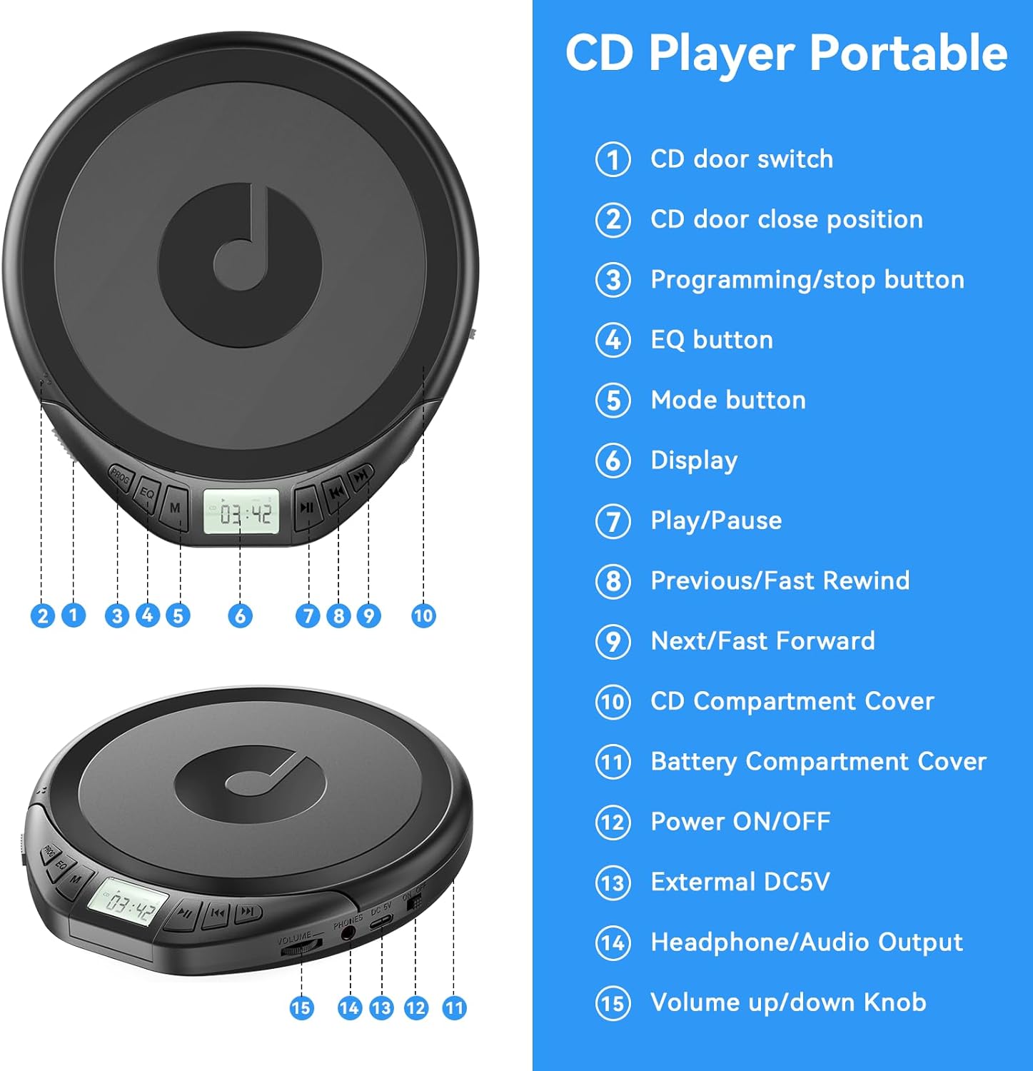 Portable CD Player with Headphones KOVCDVI CD Player Portable for Car with Anti-Skip & Shockproof,CD Discman with LCD Display,AUX Cable and Earphone for Sport Home Outdoor