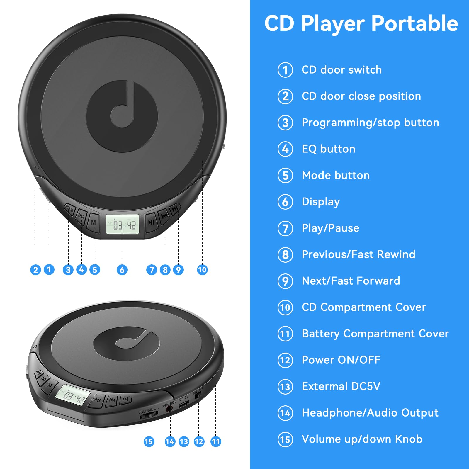 Lecteur CD portable avec casque de voiture portable et résistant aux chocs avec écran LCD, câble auxiliaire et écouteurs pour le sport, la maison, l'extérieur