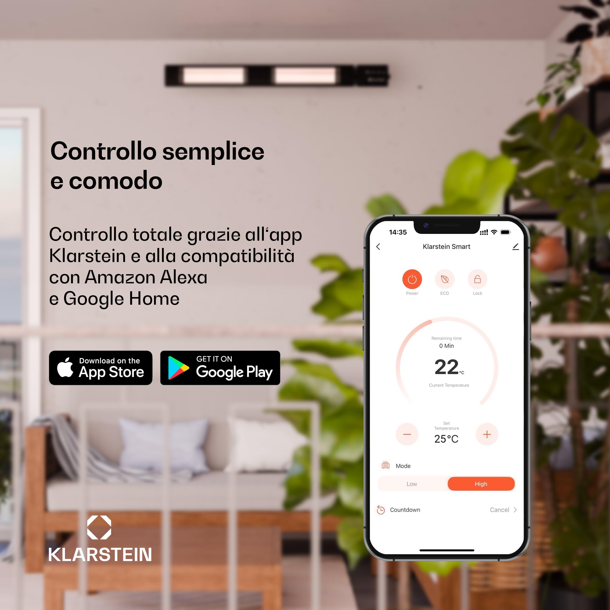 Klarstein Stufa Elettrica Basso Consumo, Colonnina Elettrica da Giardino 2400W, Termosifone Elettrico, Pannello Radiante Infrarossi con Telecomando, Stufetta Smart WIFI App, No CO2