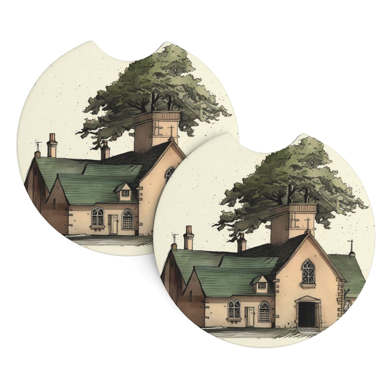 2 Pack Car Coaster for Cup Holders House Tree Car Cup Coaster 2.7" Neoprene Non-Slip Automotive Cup Mat Universal Auto Car Interior Accessories for Women Men Cup Pad