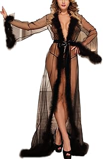 YILEEGOO Women Long Bridal Robe Sexy Lingerie Sheer See Through Nightgown Kimono Robe with Feather Trim