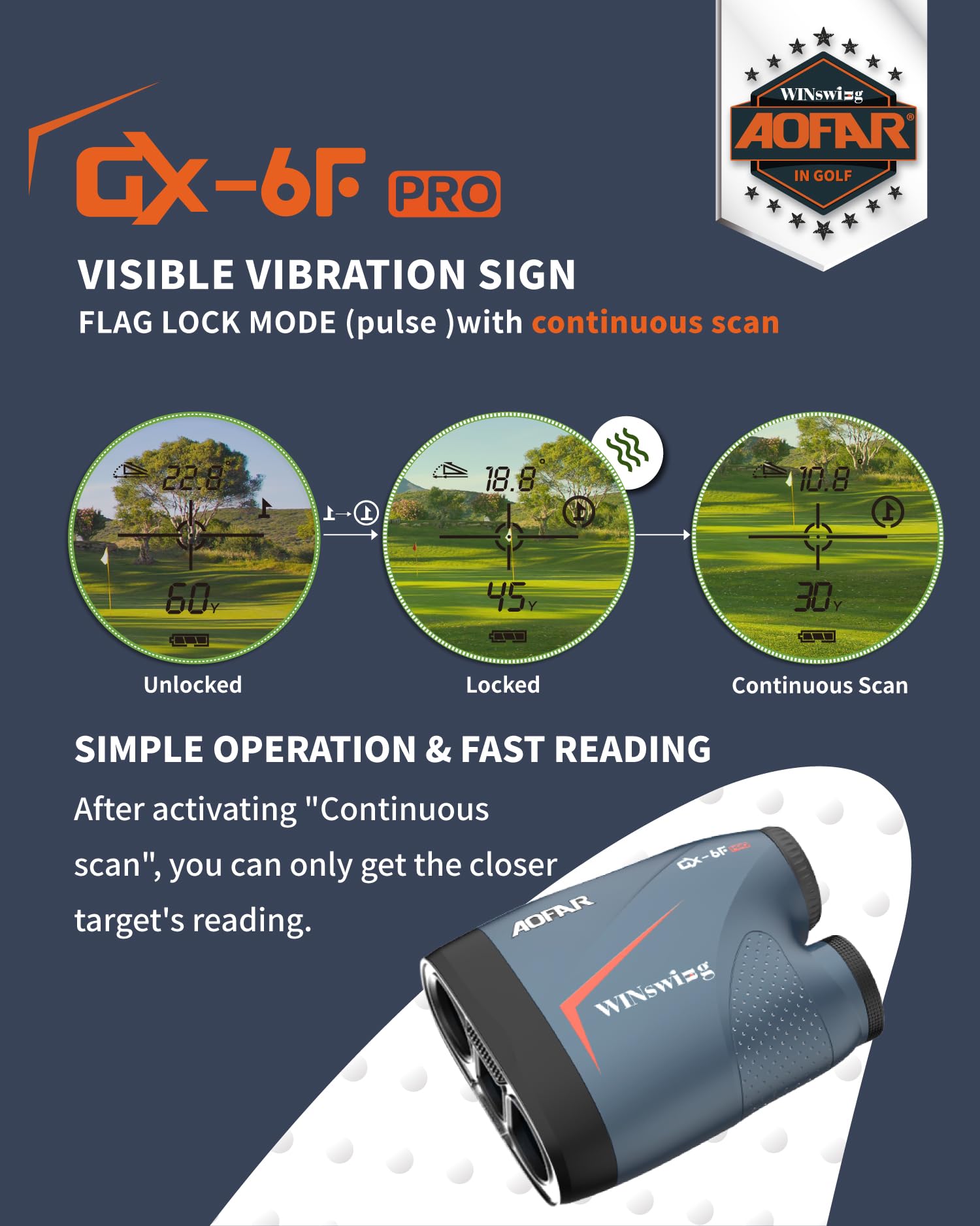 AOFAR GX-6F PRO Telemetro golf con Pendenza, 600Y, Telemetro a Scansione Continua, Blocco Bandiera Con Vibrazione Pulsata Per Le Competizioni, Lettura Di 0,2 Secondi, Versione Aggiornata