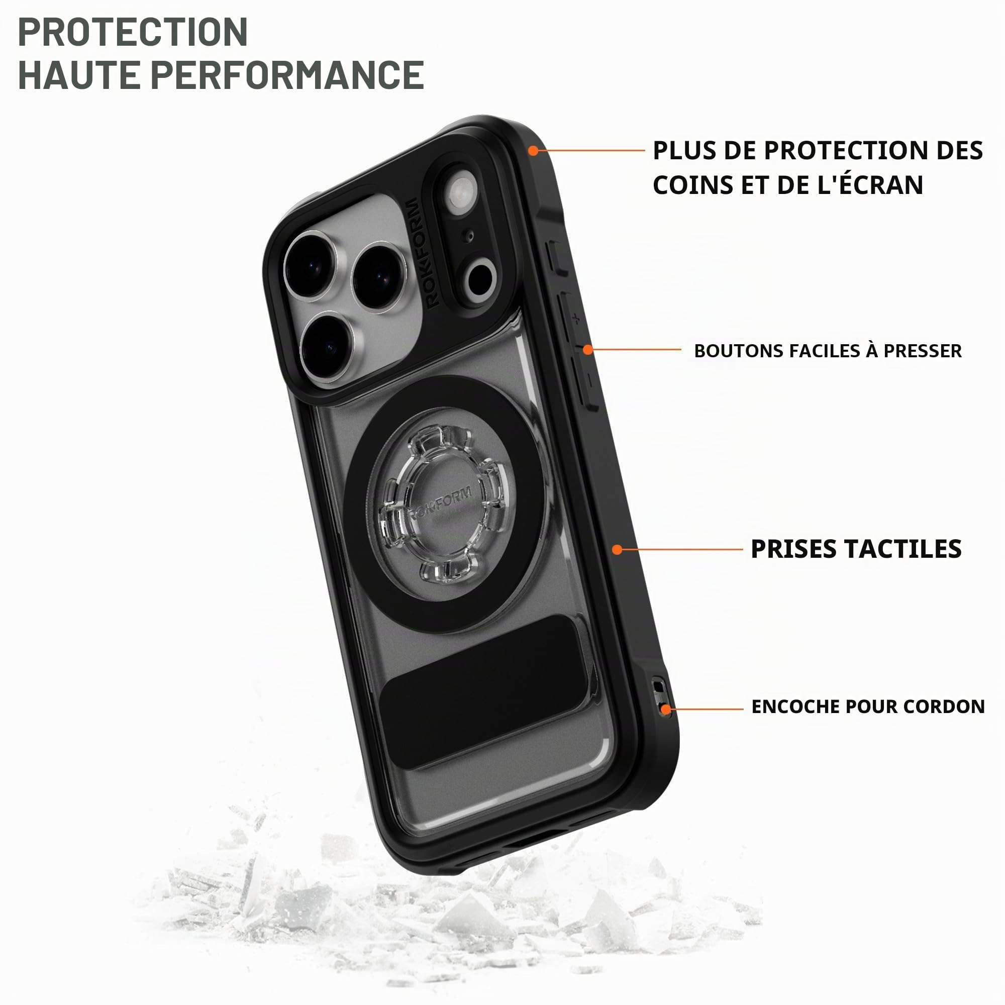 Rokform Crystal Coque compatible avec iPhone 17 Pro, coque magnétique (transparent)
