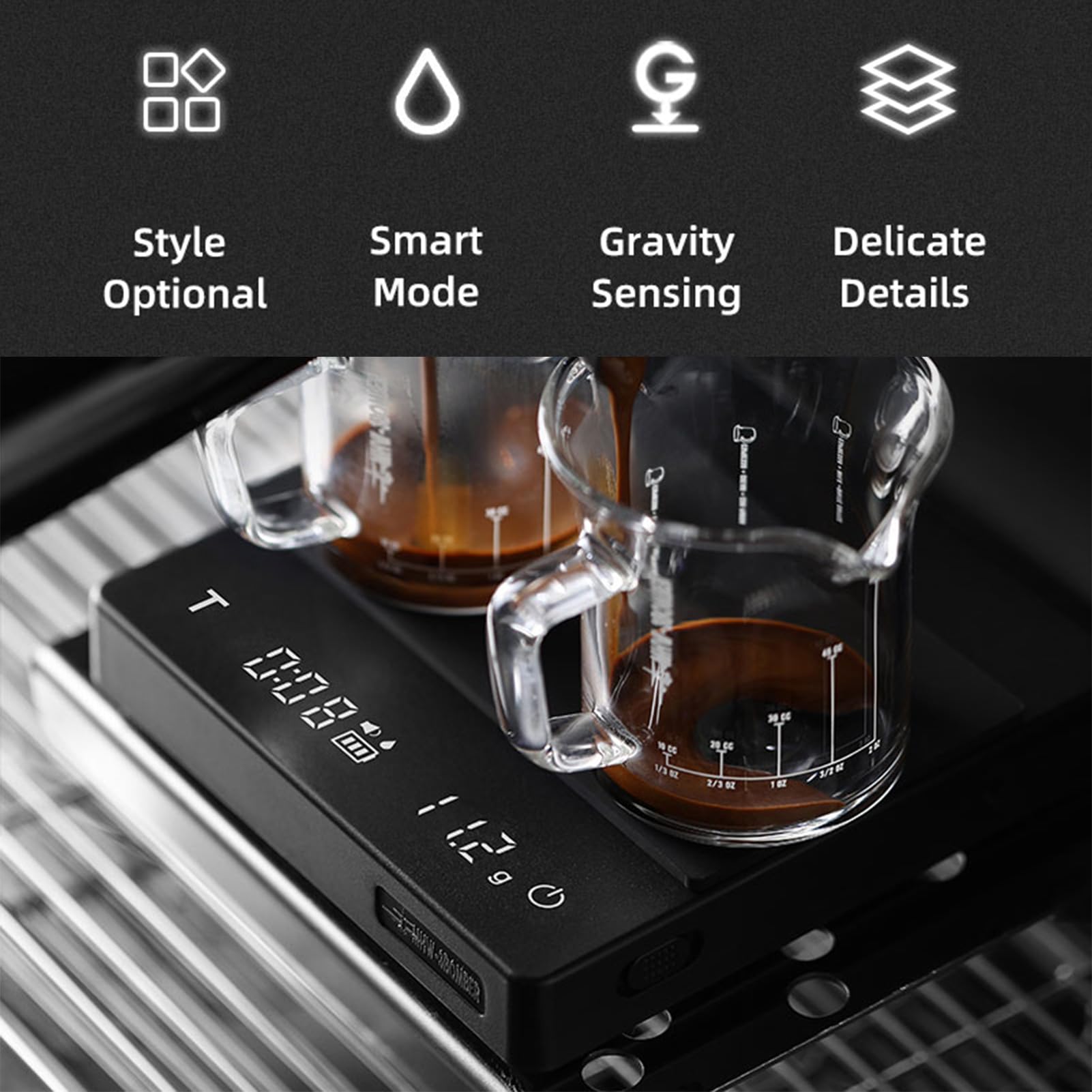 Mini-Kaffeewaage mit Timer, 2 kg/0,1 g genau, 3 Modi, wiederaufladbare tragbare Digitalwaage vom Typ C für Espresso und Pour-Over-Kaffee mit Silikon-Isolierhülle