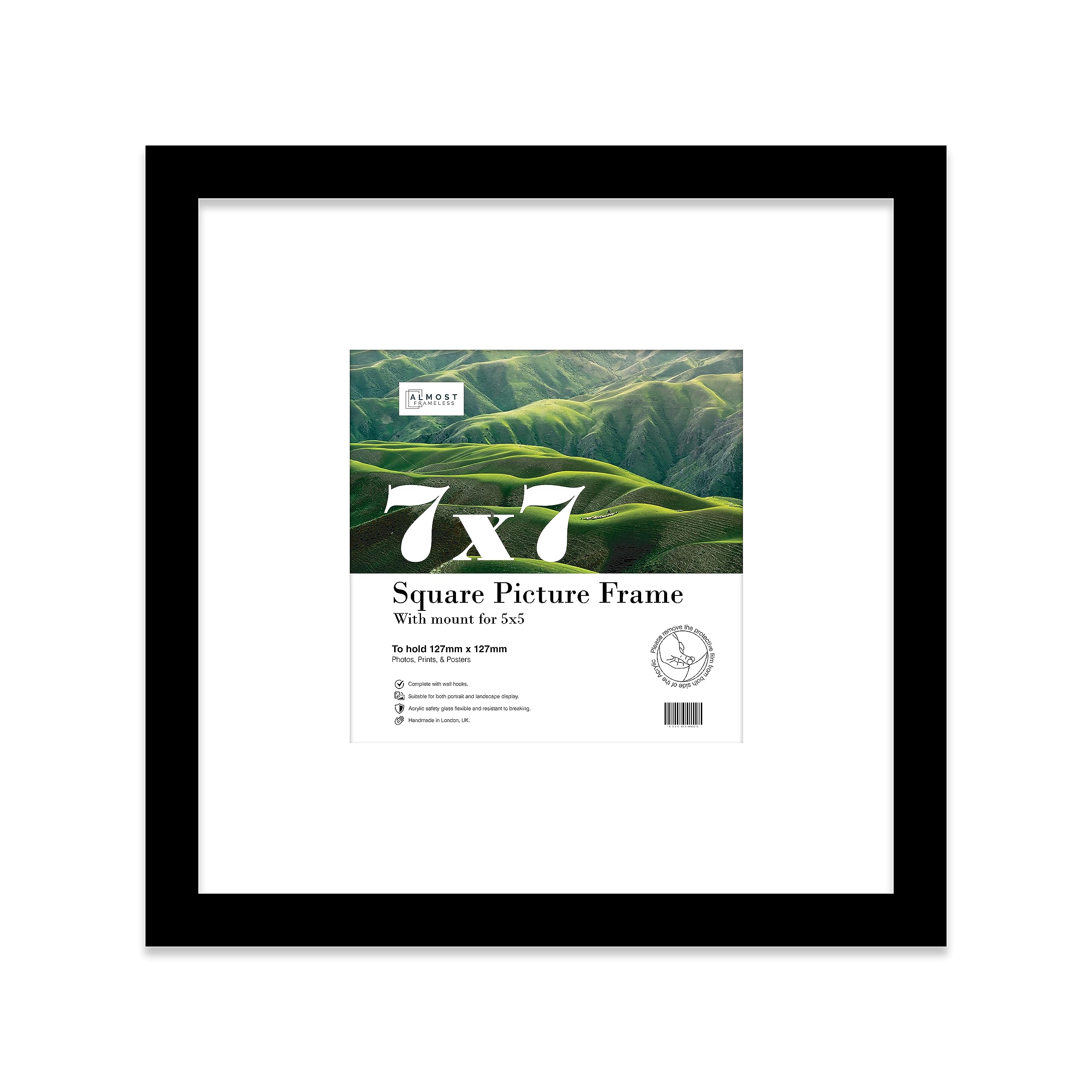 7x7 Black Picture Frame with Mount for 5x5 Photos, Prints - Modern Square Wall Frame, 1 Pack