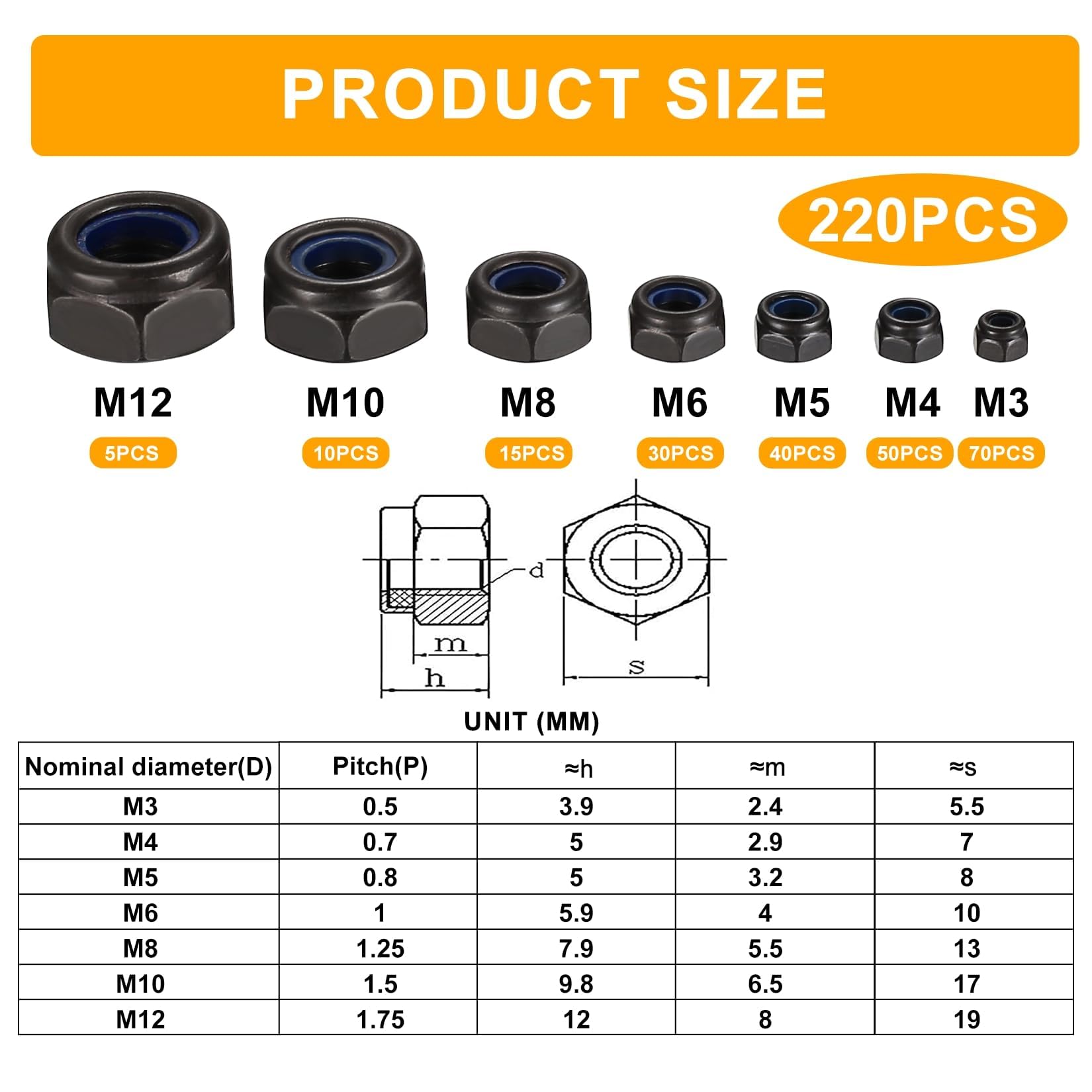 TA-VIGOR 220Pcs Nylon Hex Lock Nuts Assortment Kit, M3 M4 M5 M6 M8 M10 M12 Black Carbon Steel Nylon Insert Self-locking Nuts - Image 2