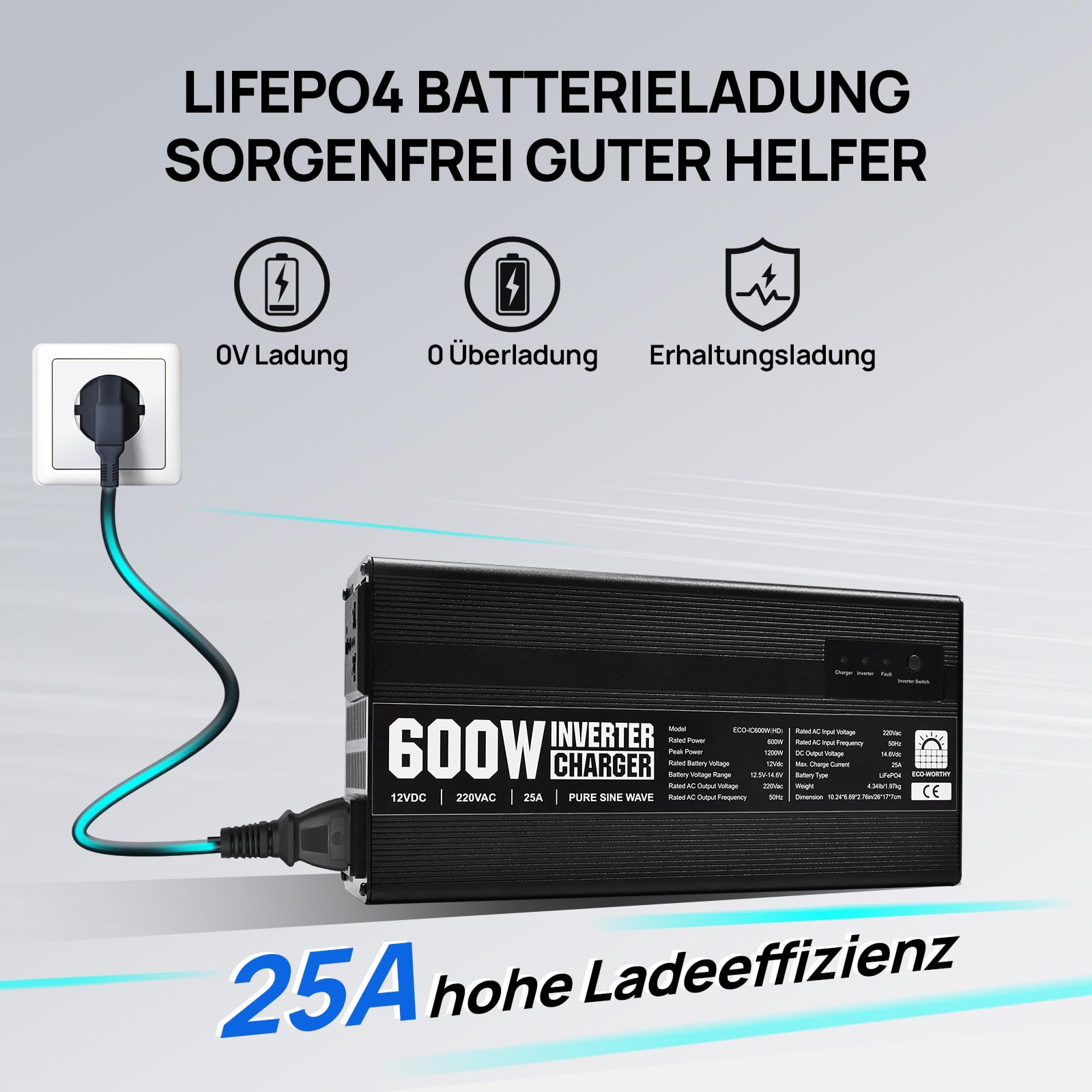 ECO-WORTHY 14,6 V 25 A LiFePO4 ładowarka z falownikiem 600 W, 12 V na 230 V, priorytetowym przełączaniem i funkcją USV, do akumulatorów LiFePO4 Deep Cycle, samochodów osobowych, ciężarowych