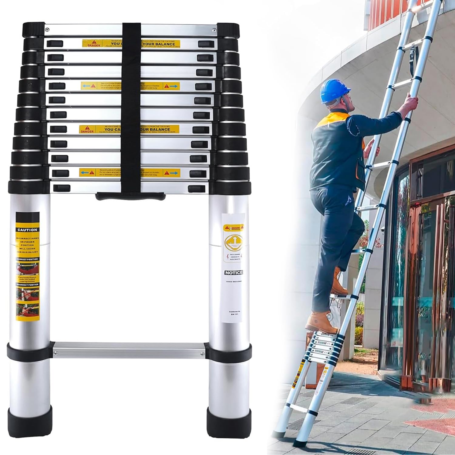 Telescopic Ladder 4.4M/14.5FT Aluminium Extension Ladder, Heavy Duty Folding Extendable Ladder with Adjustable Height, Portable Loft Ladder for Home, Attic, Roof & Outdoor Use