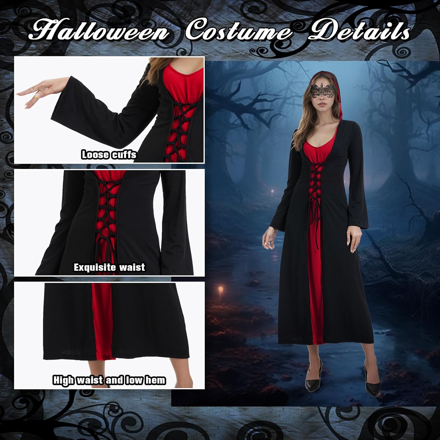 Womens Halloween Costumes for Adults Medieval Hooded Maxi Dress for Women Fashion Hooded Robe Cosplay - Image 3