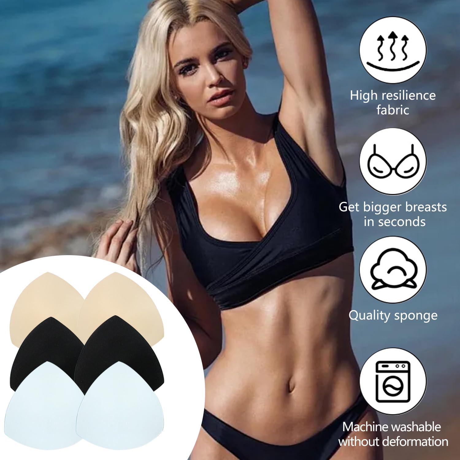 Wkładki do biustonosza, 3 pary wyjmowanych biustonoszy sportowych, wkładki do bielizny, wkładki do bikini, wyściółka biustonosza, push up, trójkątny biustonosz, oddychający, miękki, dla dziewcząt
