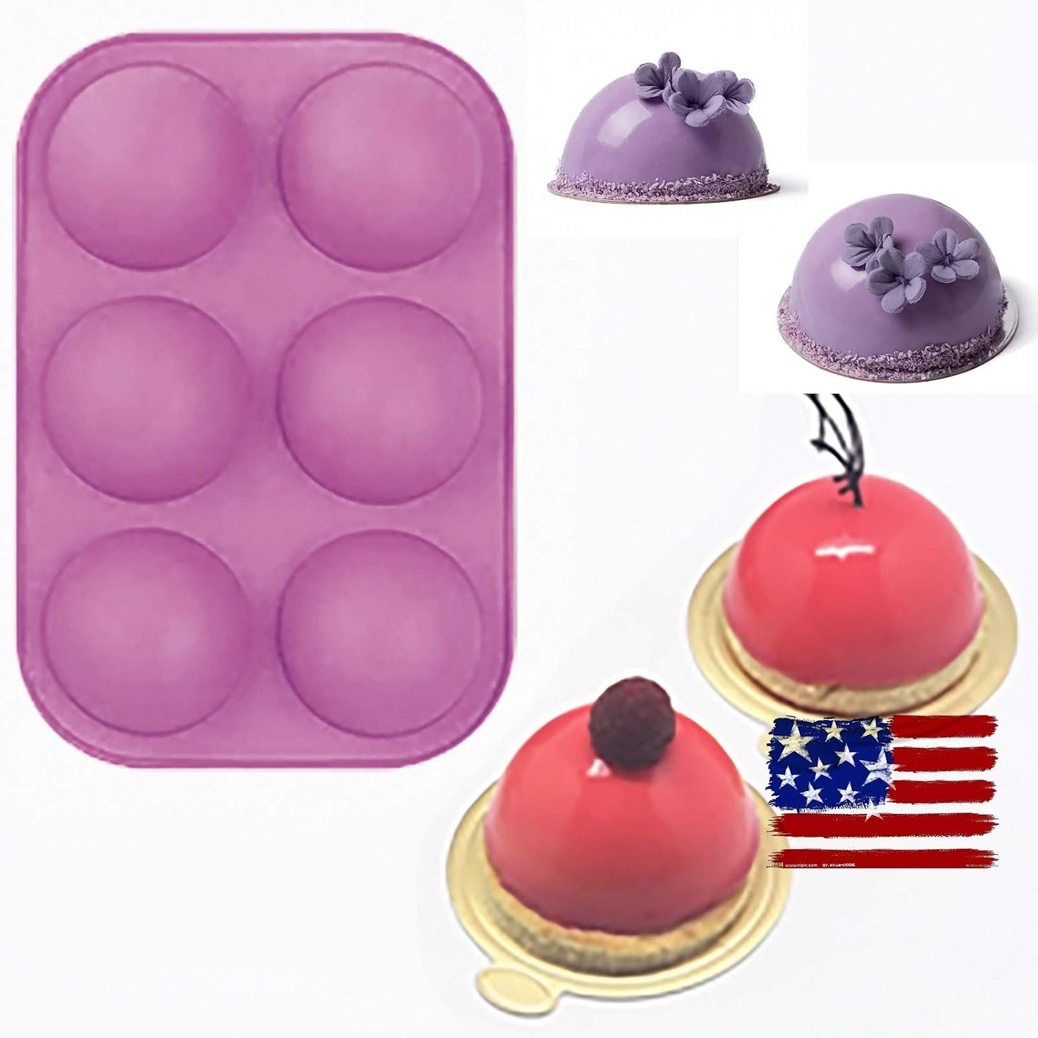 6 Holes Silicone Molds For Chocolate, Cake, Jelly, Pudding, Handmade Soap, Round Shape, Dia: 2 1/2 inches (2, Grape purple)