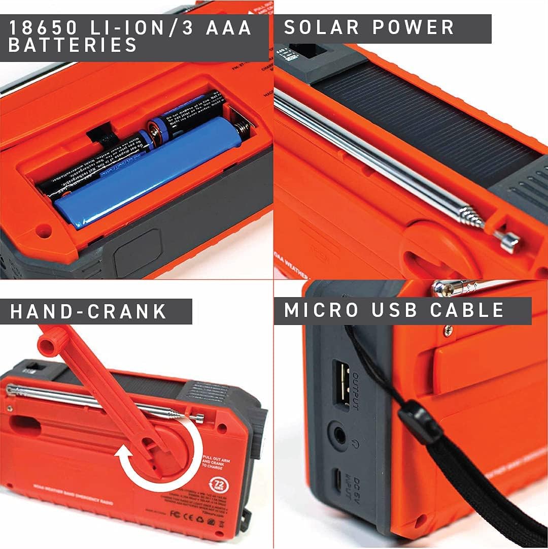 【2021 Newest Upgraded】 72 Hours Crusader ONE NOAA/AM/FM Emergency Weather Radio, USB Rechargeable Battery, Portable Solar Hand Crank Weather Alert Radio SOS Flashlight Alarm, Headphone Jack (Red) : Electronics