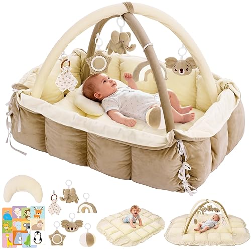 Gimnasio y tapete de juego para bebés, tapete de actividad para el desarrollo del bebé, tapete para el tiempo boca abajo con juguetes sensoriales
