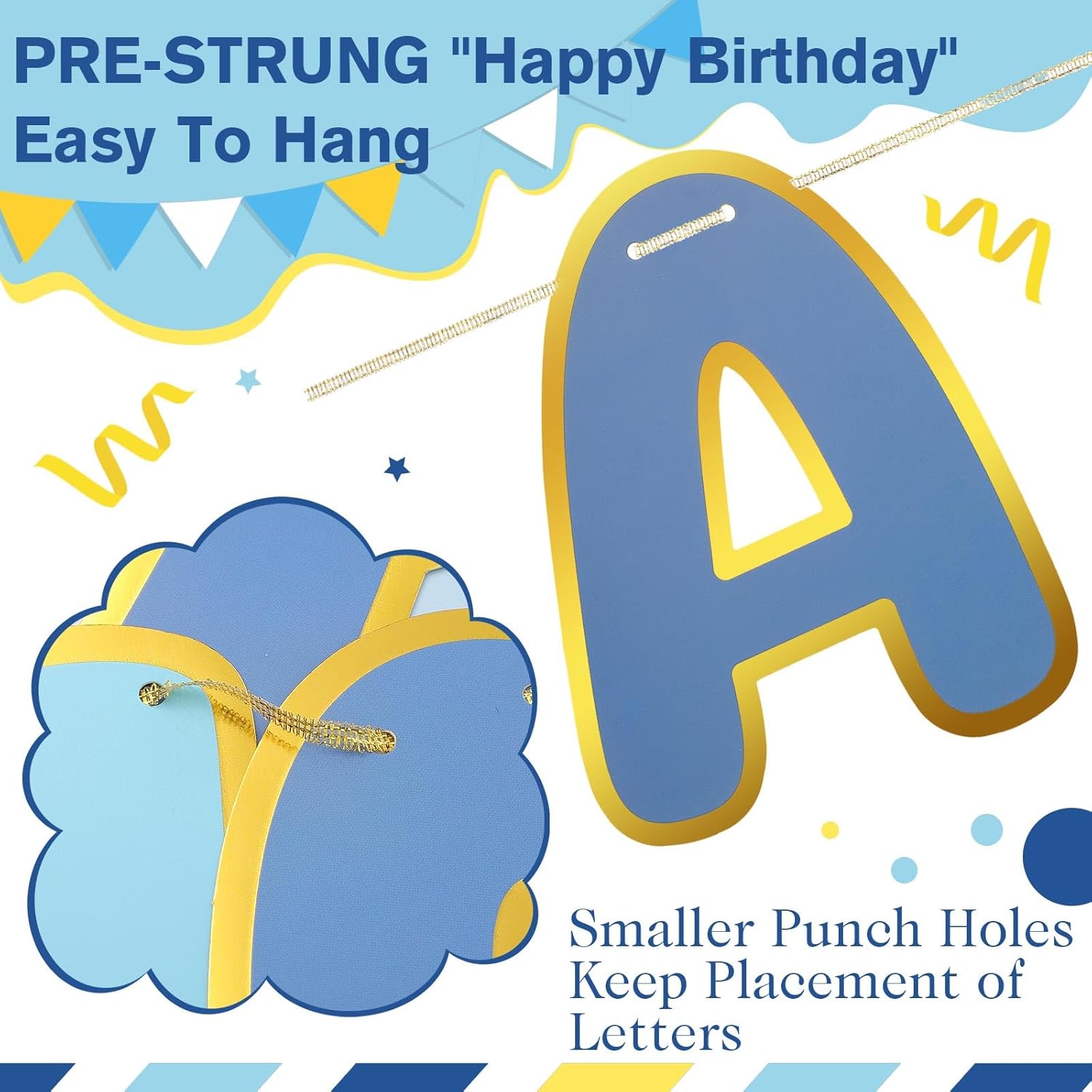 TaoBary Blue Happy Birthday Banner Pre-strung Birthday Party Decorations No DIY Hanging Banner Sign Hanging Decor for Women Men Boys Girls Party Supplies Backdrop - Image 3