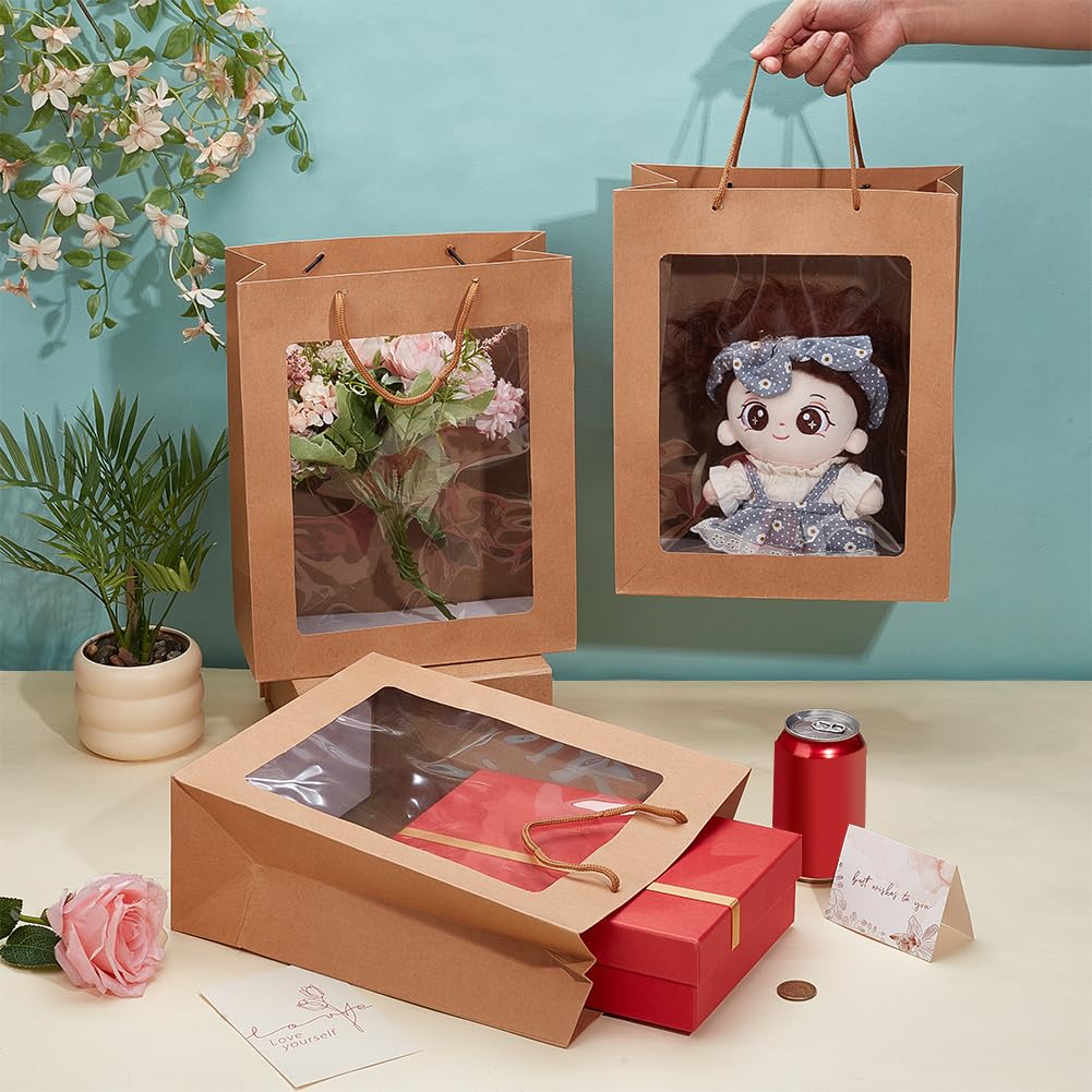 BENECREAT 16 sac Cadeau en Papier Brun avec Fenêtre Transparente Sacs de Courses Kraft de 26x12.2x32cm Sacs Cadeaux en Papier pour Bouquets Anniversaires Fêtes Mariages Emballages de Noël