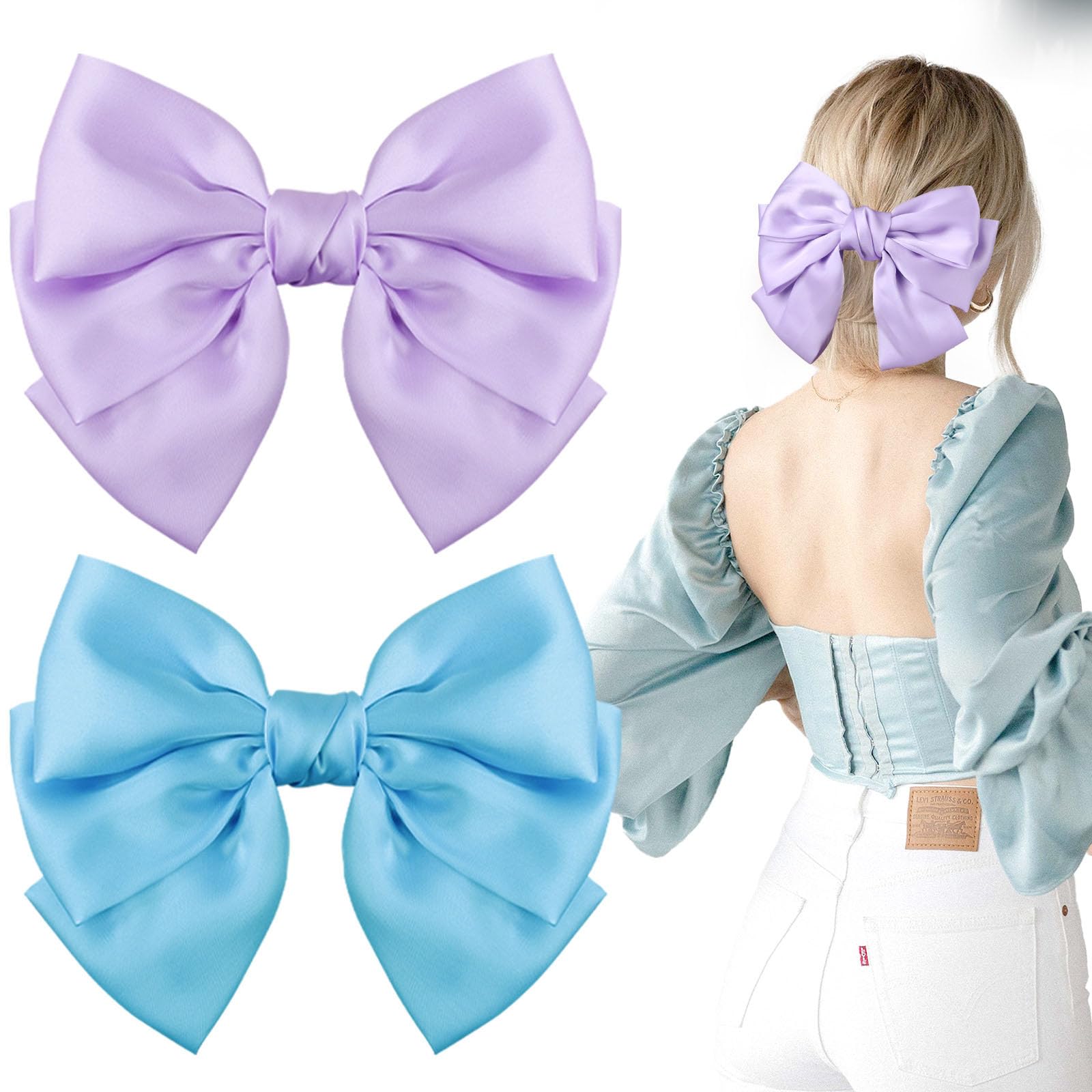 2PCS Big Satin Layered Hair Bows for Women Girls 7 Inch Blue Purple Barrette Hair Clip Large Silk Ribbon Bows French Style Hair Accessories(Blue+Purple)