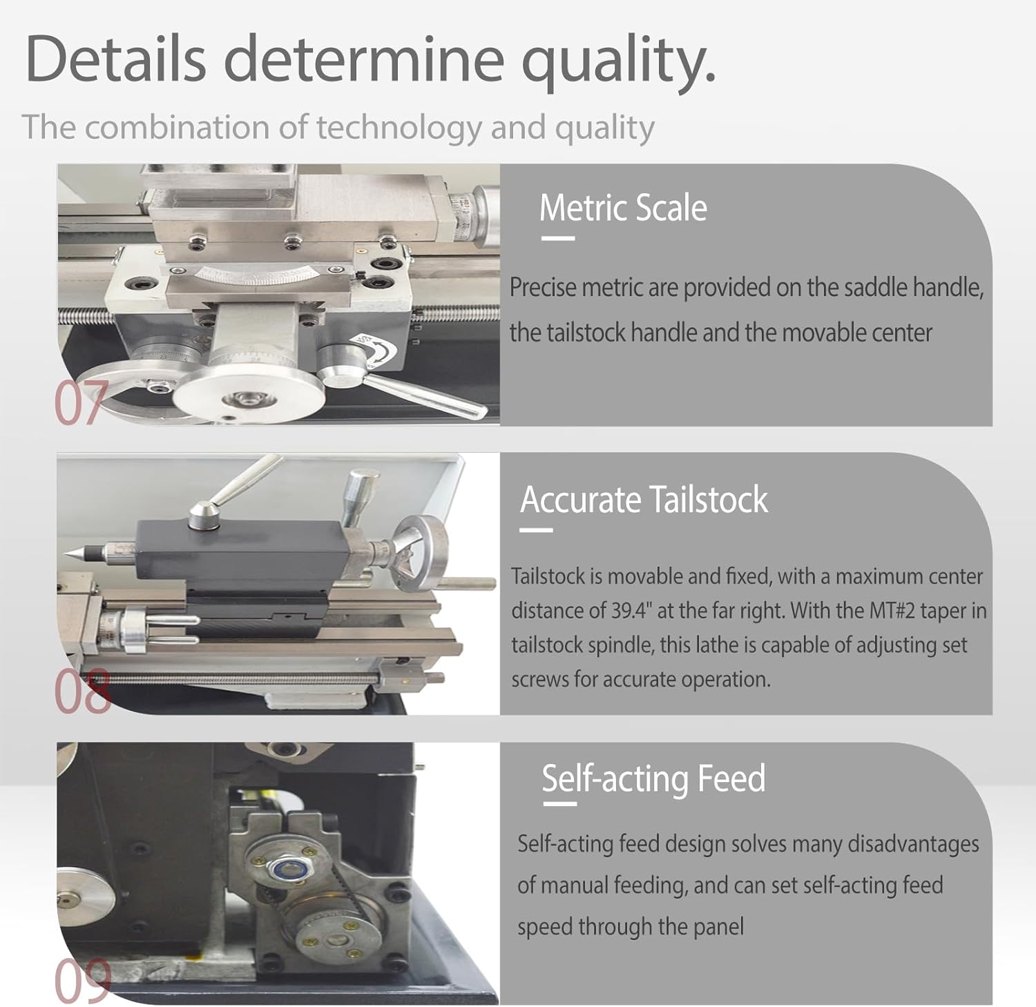 Metal Bench Lathe 8"*39" Benchtop Mini Metal Lathe Metric and Imperial Electronic Gear Lathe for Woodworking Metalworking Variable Speed 50-2500rmp 4-Way Tool Post,Three-Jaw Chuck 110V 1100W