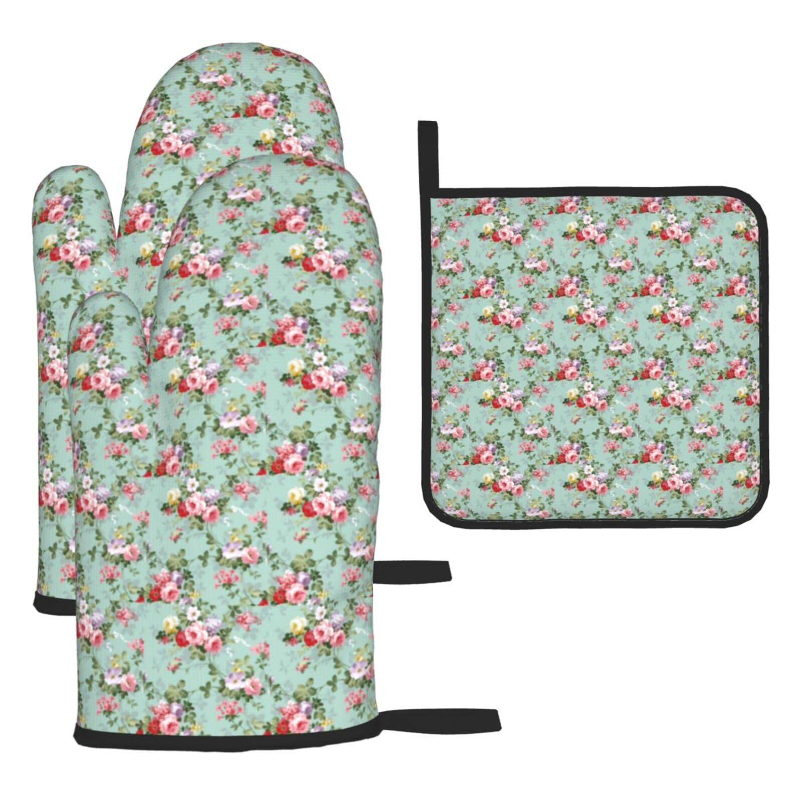 Peony Print Oven Mitts Kitchen Gloves Set Everyday Baking Grilling Microwaving Cooking Gift