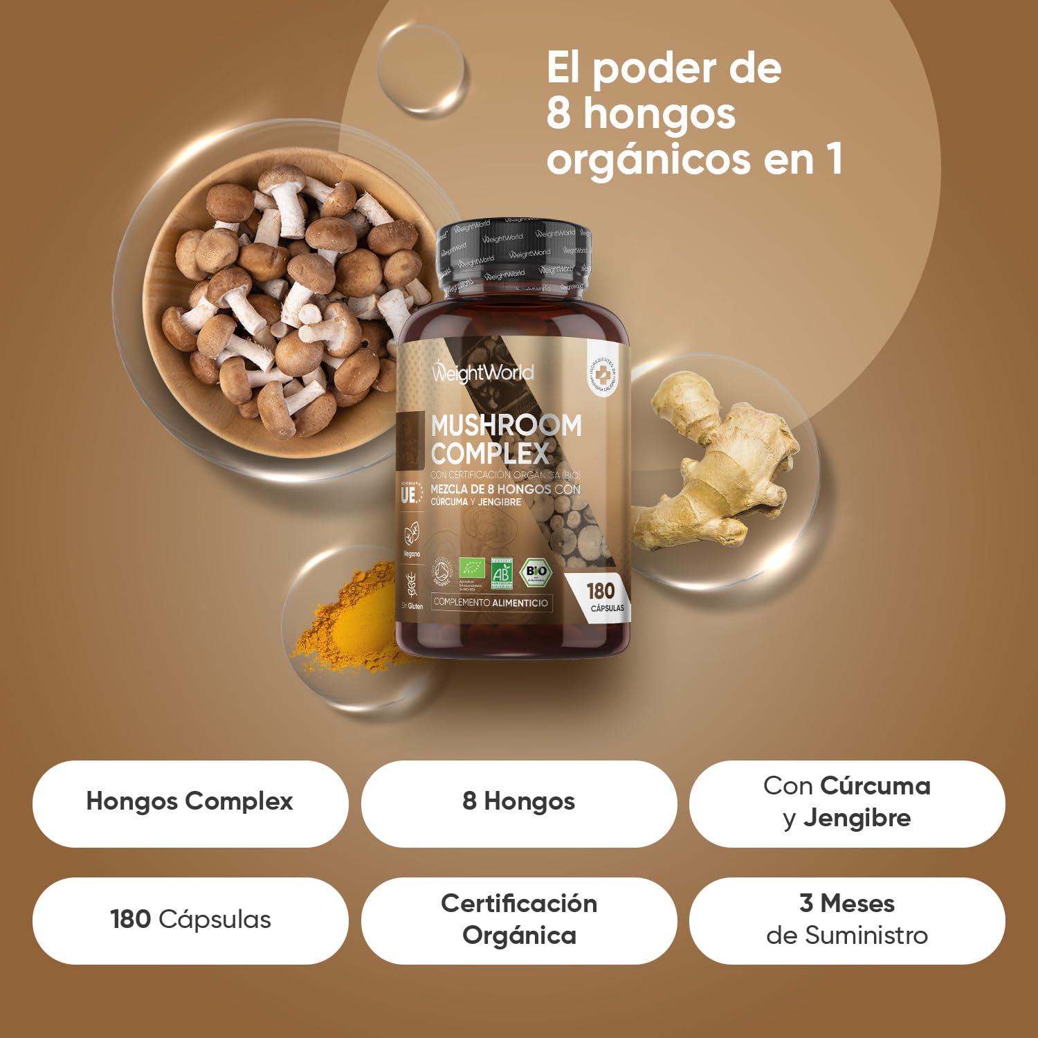 Hongos Complex Bio, 180 Cápsulas de 8 Setas y Hongos como Melena de León, Reishi, Shiitake, Maitake, Chaga y Cordyceps - Mushroom Complex Bio Enriquecido con Jengibre y Cúrcuma para 3 Meses