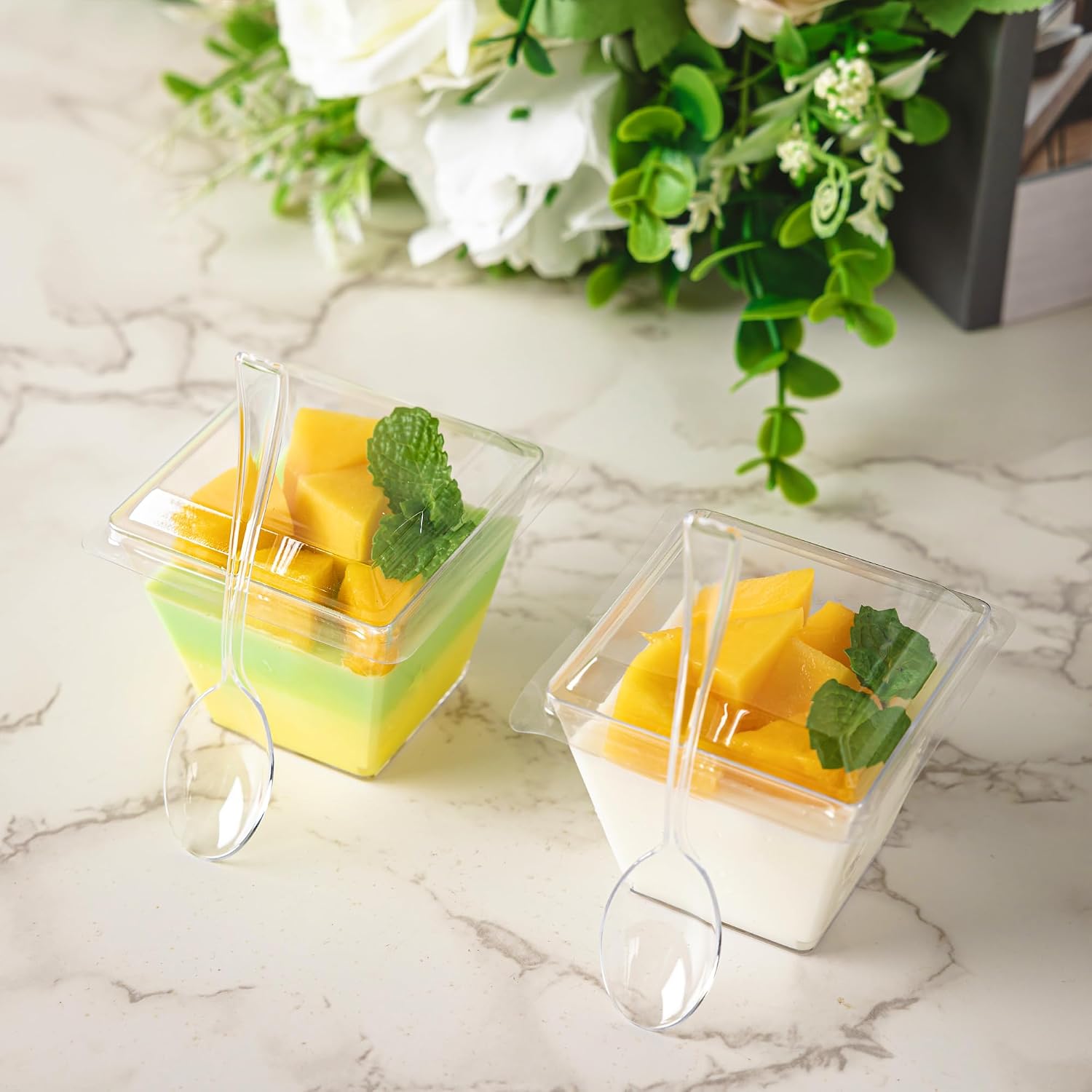 100 Pack 4 oz Mini Dessert Cups with Spoons and Lids, Clear Square Dessert Bowls Small Plastic Parfait Cups Appetizer Cups for Wedding Party