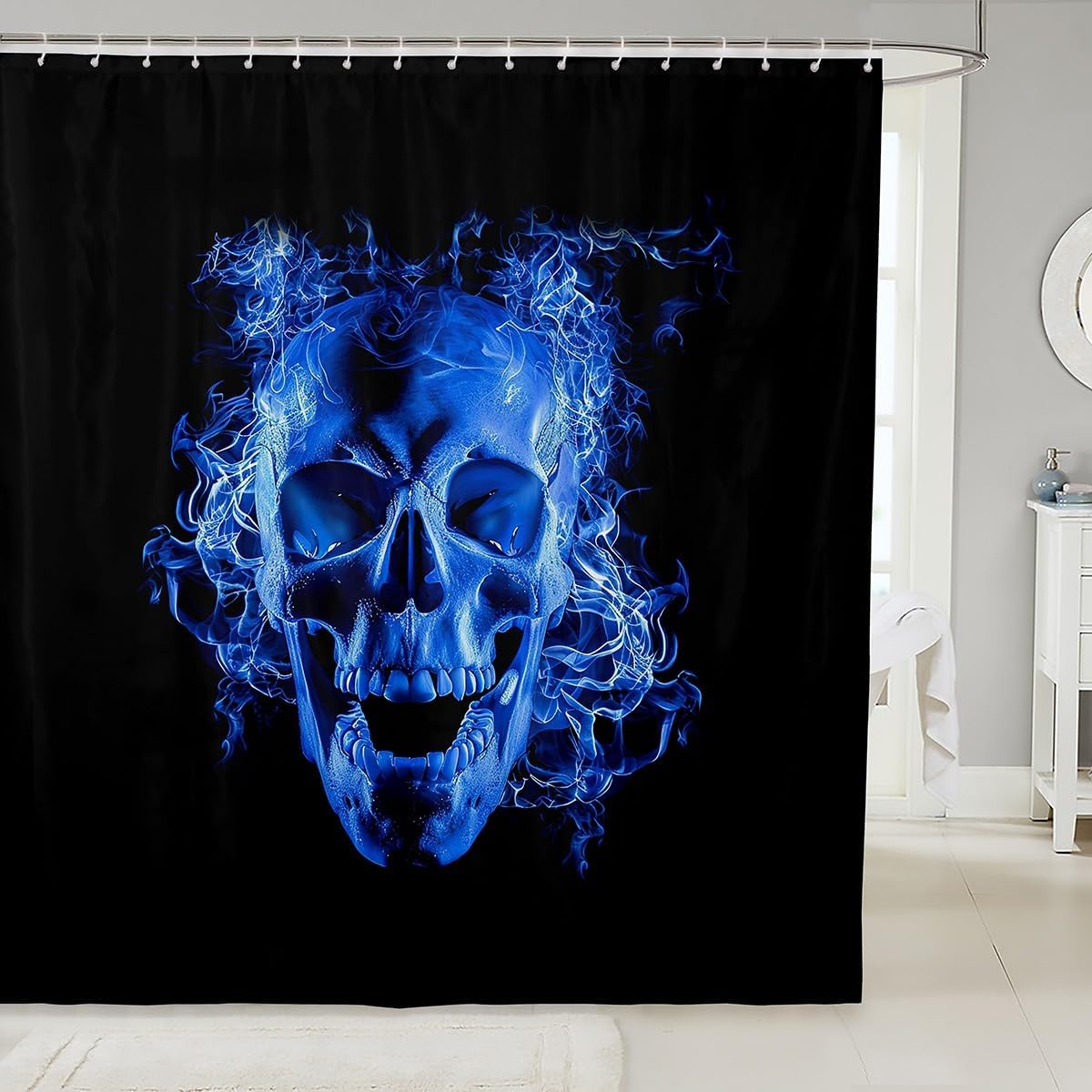 Death Skull Shower Curtain Gothic Skull Bathroom Shower Curtain Set Kids Boys Blue Fire Skull Bath Curtain Skeleton Bones Waterproof Shower Curtain with Hooks Halloween Themed Room Decor 72x72 Inch