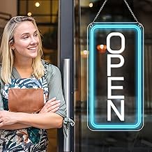 Neon Open Sign - 16''x9'', Super Bright LED Sign for Business, Adjustable Brightness USB Powered with ON/OFF Switch, for Party Club Hotel Window Wall Store (Ice Blue & White, Vertical)