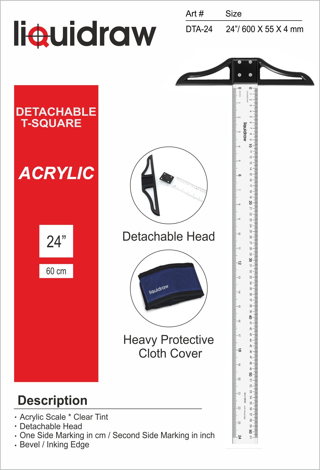 Liquidraw Regla cuadrada en T, 60 cm, regla acrílica para dibujo y dibujo, medidas imperiales y métricas, borde biselado y cabeza desmontable, para arquitectos, ingenieros y dibujo técnico