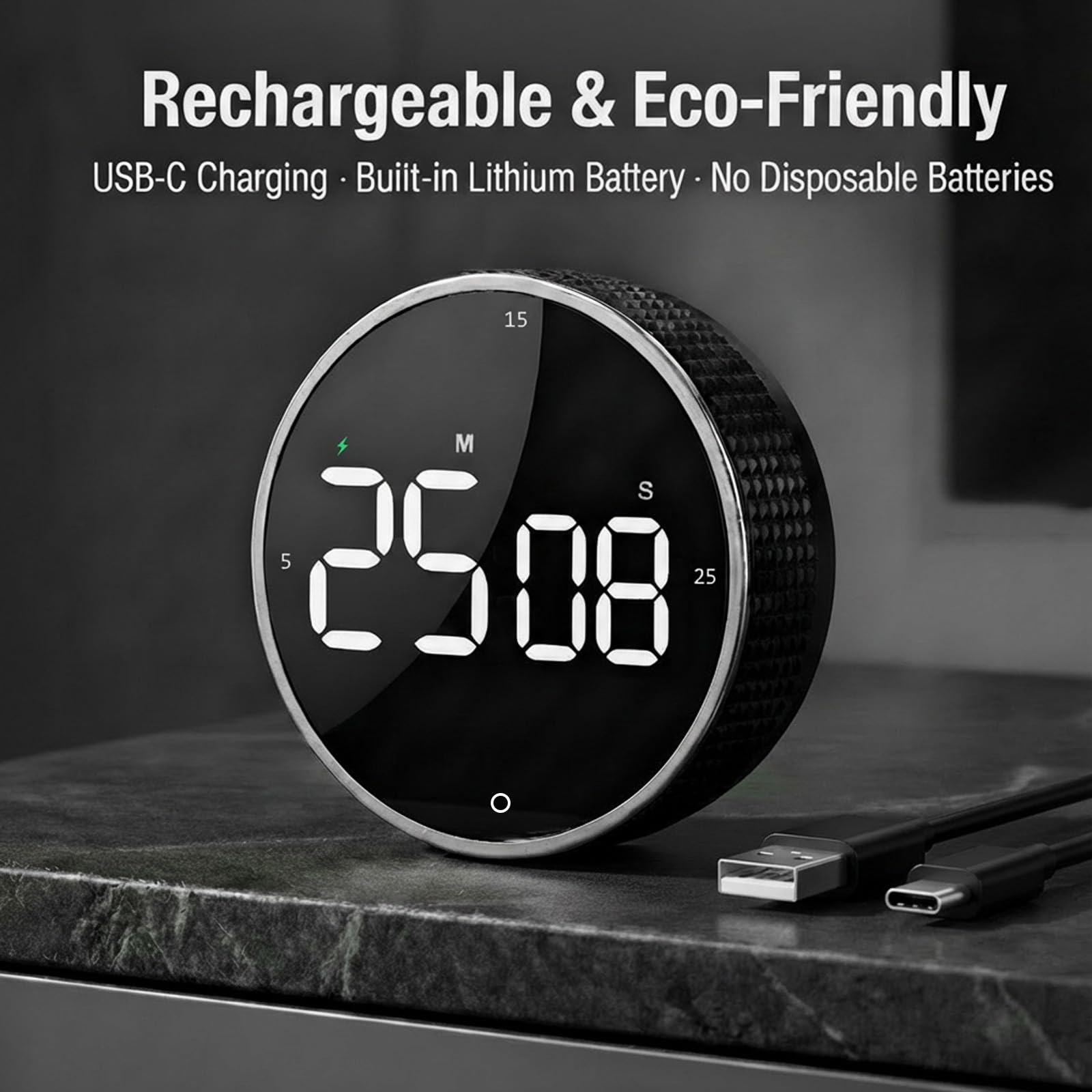 Temporizador de cocina digital USB-C recargable, temporizador magnético de cuenta regresiva con pantalla LED grande, 3 tiempos preestablecidos, 3 niveles de volumen, ideal para cocinar, hornear y
