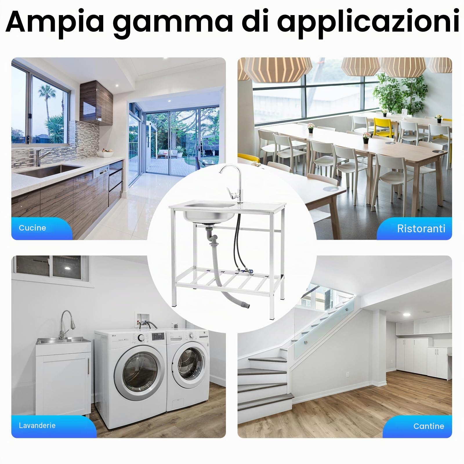 Lavello autoportante in acciaio inox, lavandino portatile con vasca e rubinetto, lavello da cucina commerciale, 75 x 40 x 76 cm, grande lavello di servizio autoportante per esterni e interni