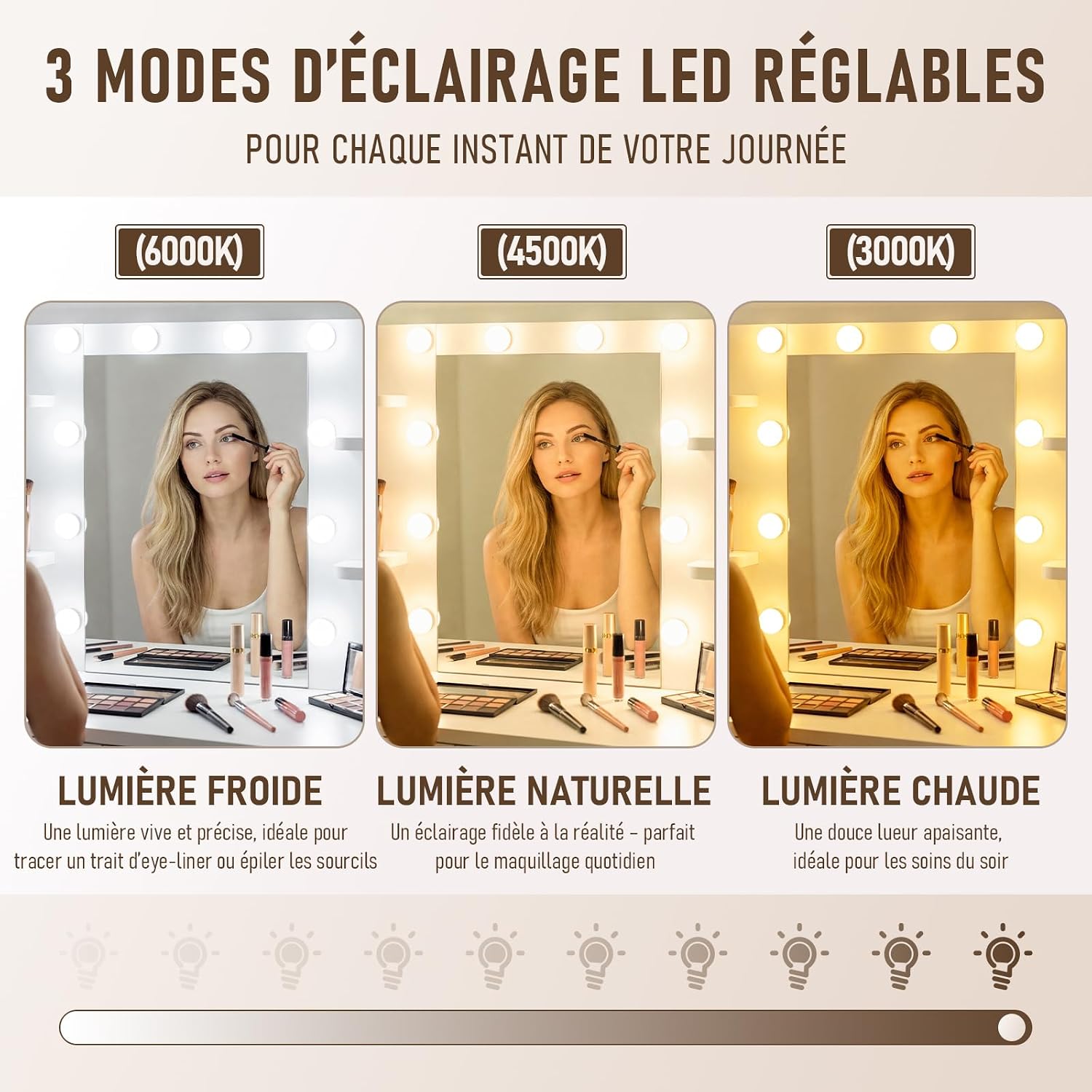 Three LED light modes: Cold White, Natural Daylight, Warm Yellow