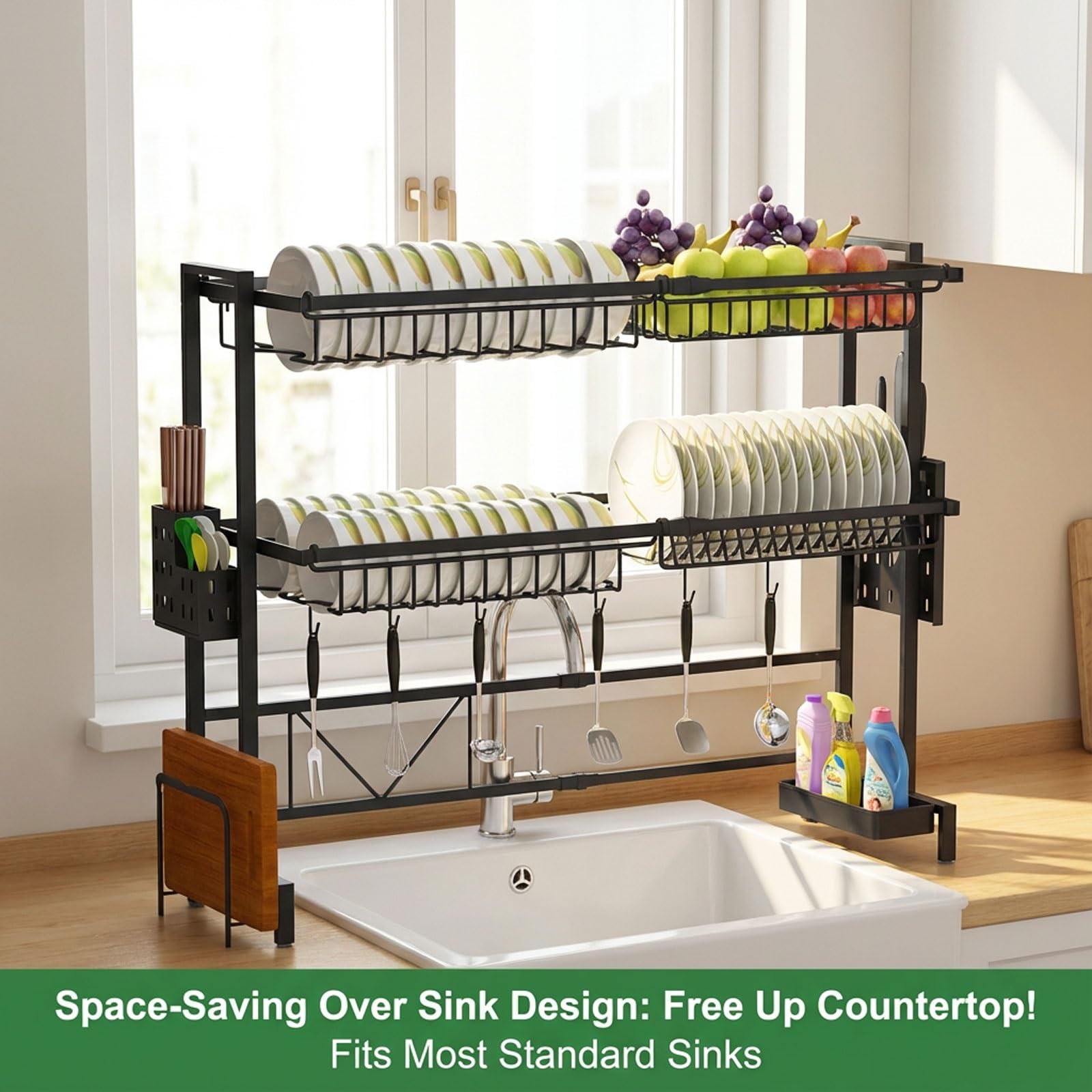 2 Tier Over Sink Dish Rack con Stazione di drenaggio Regolabile e portautensili Cucina di Grande capacità per soluzioni di Risparmio di Spazio e stoccaggio