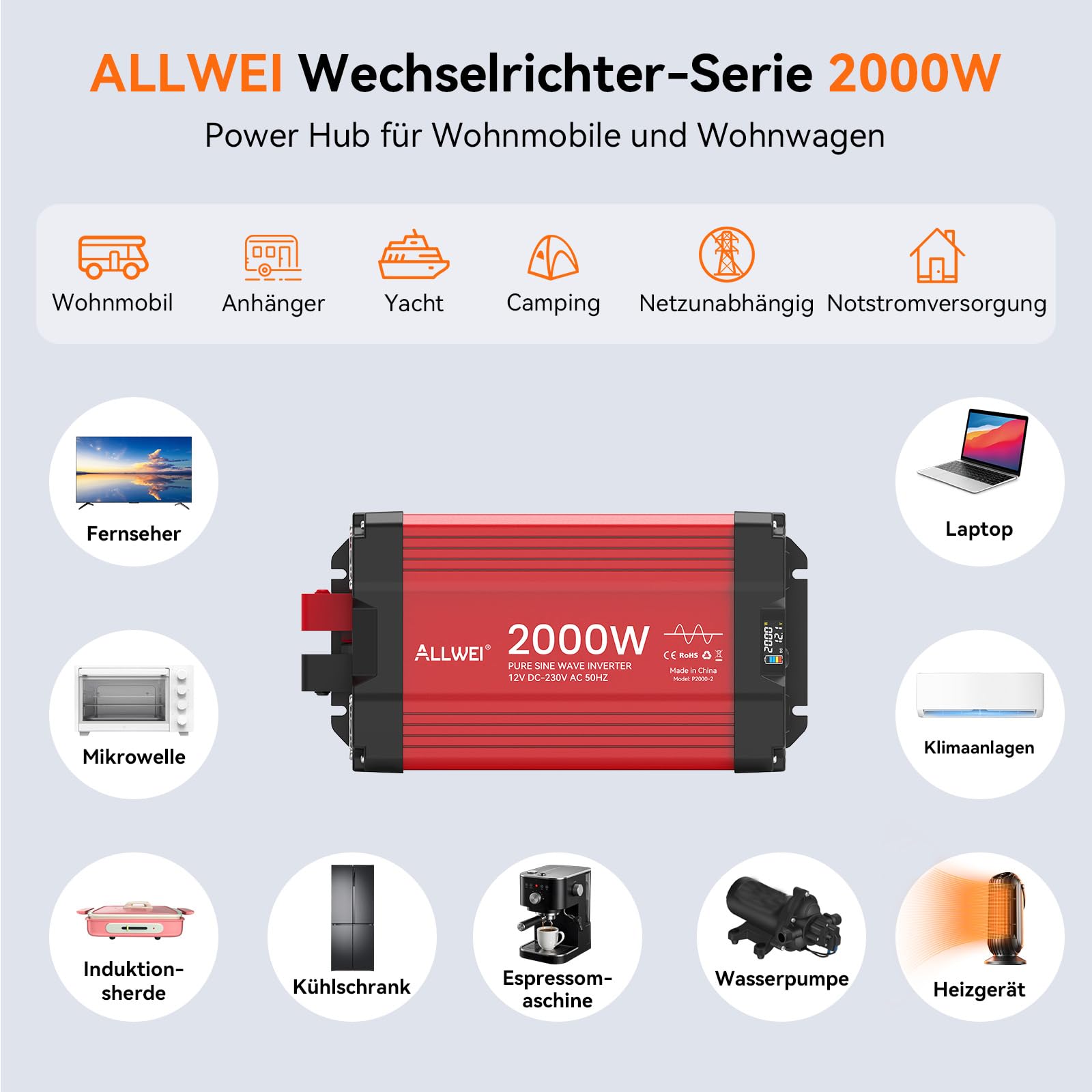 ALLWEI Czysty falownik sinusoidalny 2000 W, 12 V na 230 V, do domu, przyczepy kempingowej, ciężarówki, niezależnych od sieci instalacji solarnych, falownik 12 V 220 V, moc szczytowa 4000 W