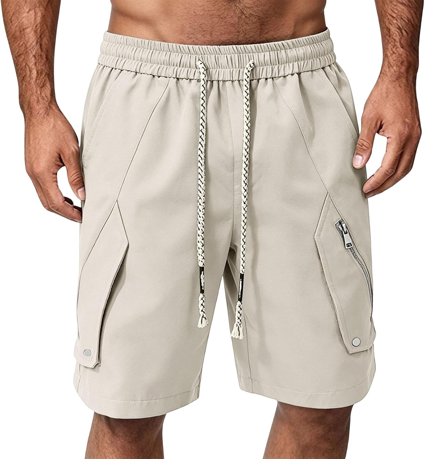 Men's Stylish Cargo Shorts Summer Beach Elastic Waist Drawstring Shorts with Zipper Pockets and Braided Strings