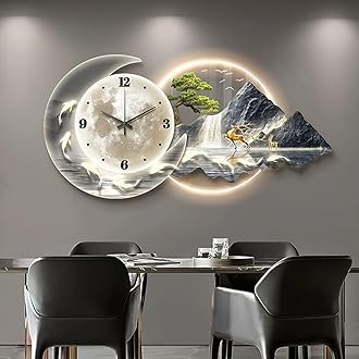 Wall Sculptures Painting 3D Wall Art Decor, Modern Living Room Restaurant Panoramic Landscape Wall Paintings with Clock，led Light Hang Pictures, Home Decorations Wall Decor ，for Office/Hotel