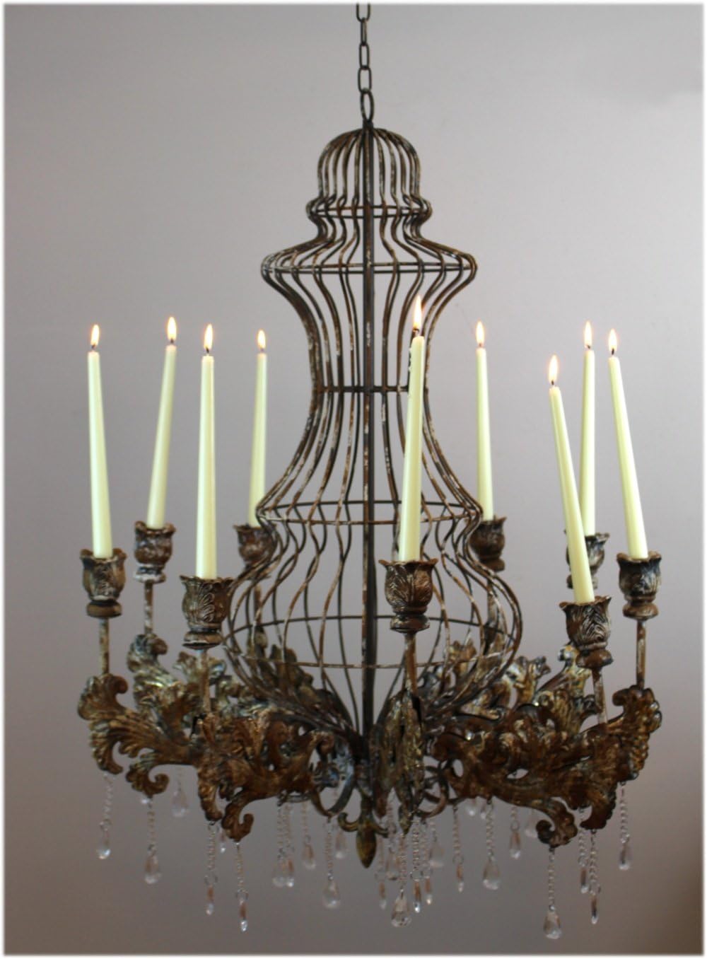 The King's Bay Huge Big Candle Rustic Tin Chandelier w Crystals for Home or Movie Studio Prop Old Finish