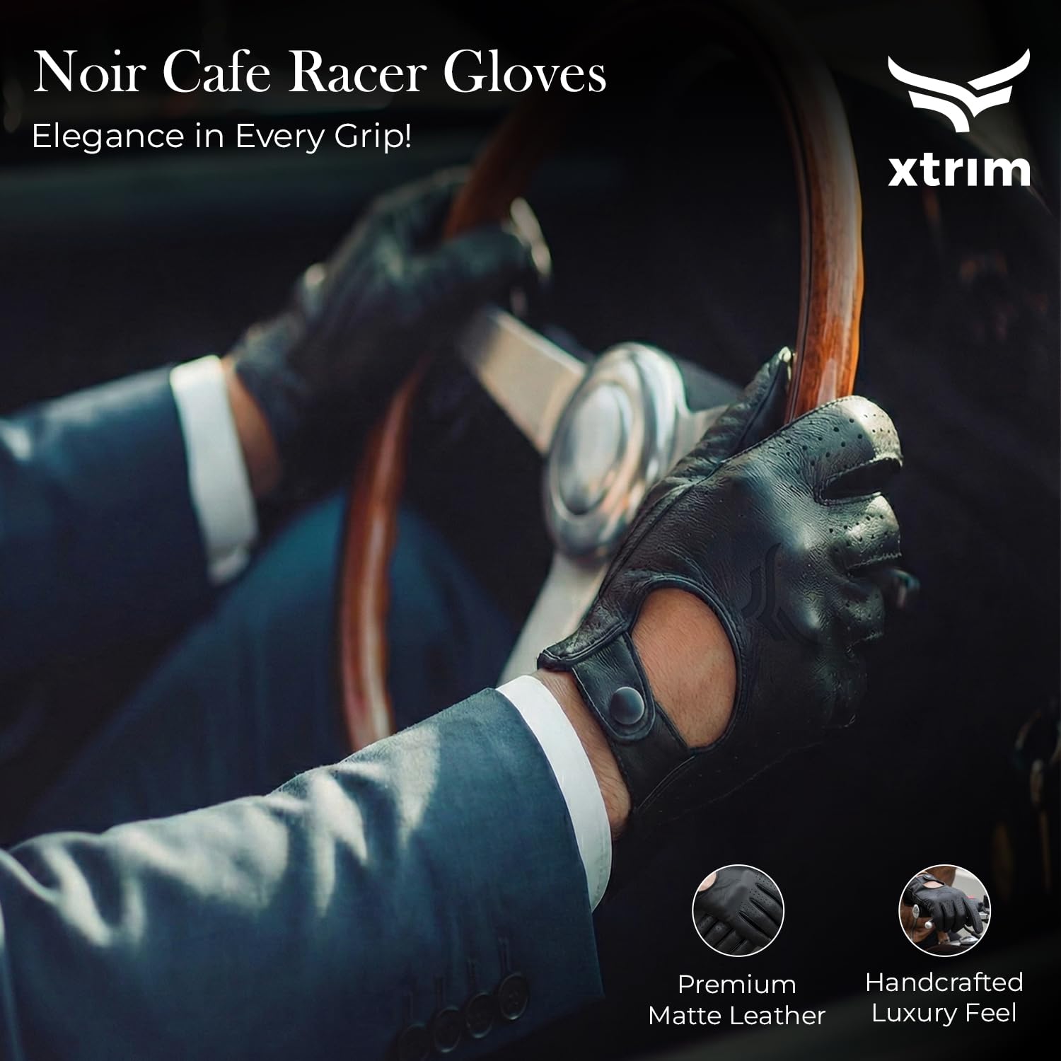 XTRIM Noir Cafe Racer Gloves, Premium Leather Gloves for Men, Large