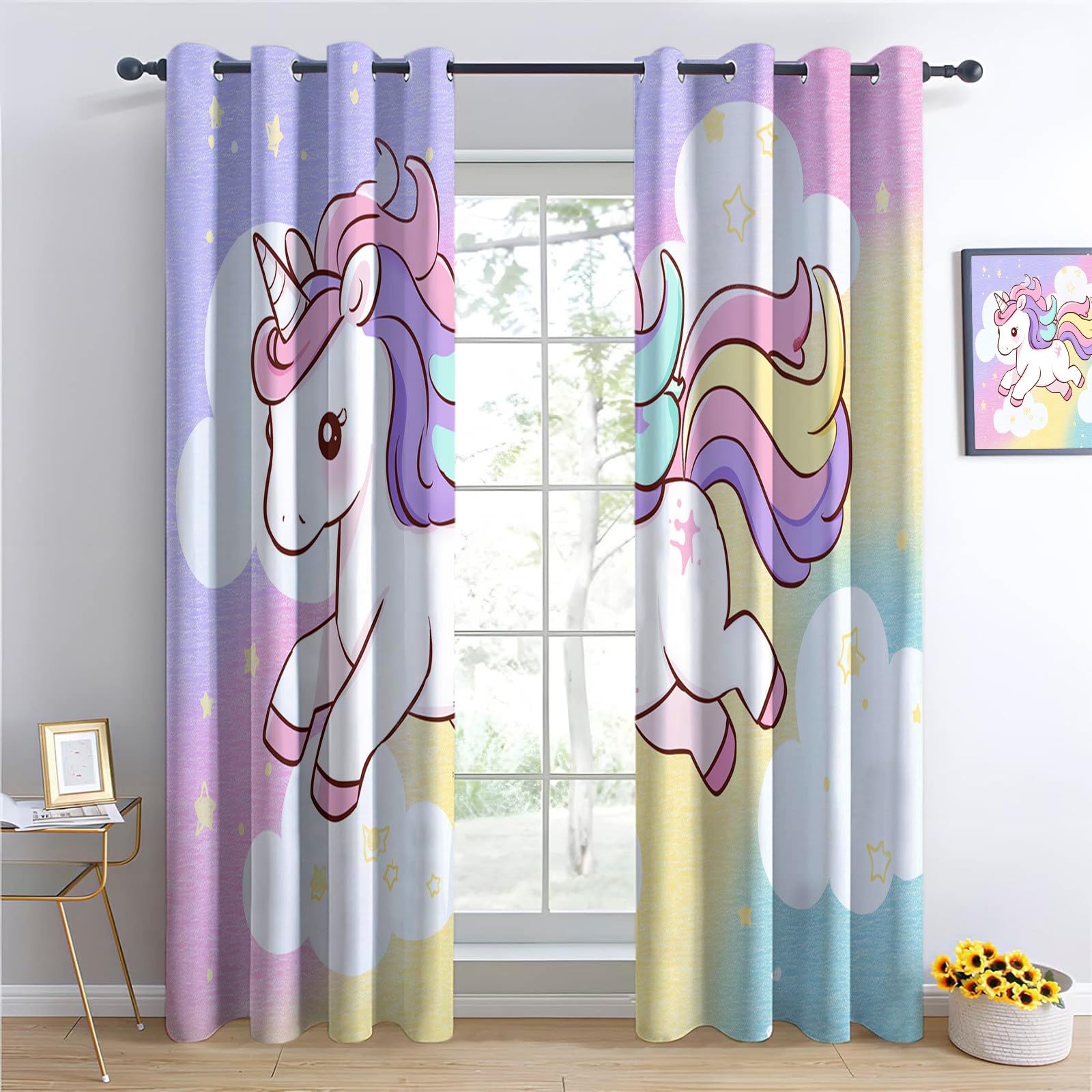 Lot de 2 Rideaux Occultants - 3D Licorne Arc En Ciel Mignonne Nébuleuse Rideau De Fenêtre Isolant Thermique Phonique en Polyester pour Chambre d'enfant Salon Maison Bureau Décoration 110 x 215 cm
